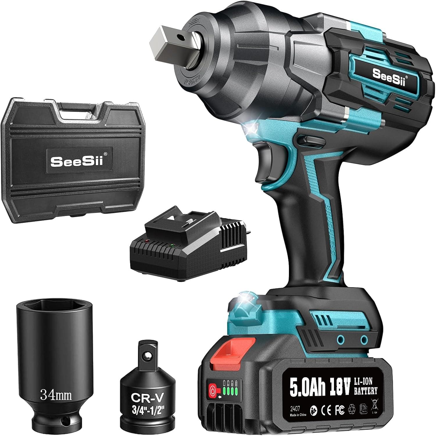 SEESII Impact Wrench 1180FT-LBS(1600N.m) 2200IPM 3/4 Impact Gun High Torque Electric Cordless Impact Wrench with 18V 1x5.0Ah Battery 2 Sockets and Case for Home Car Truck Tire Lug Nut Removal Tool Set