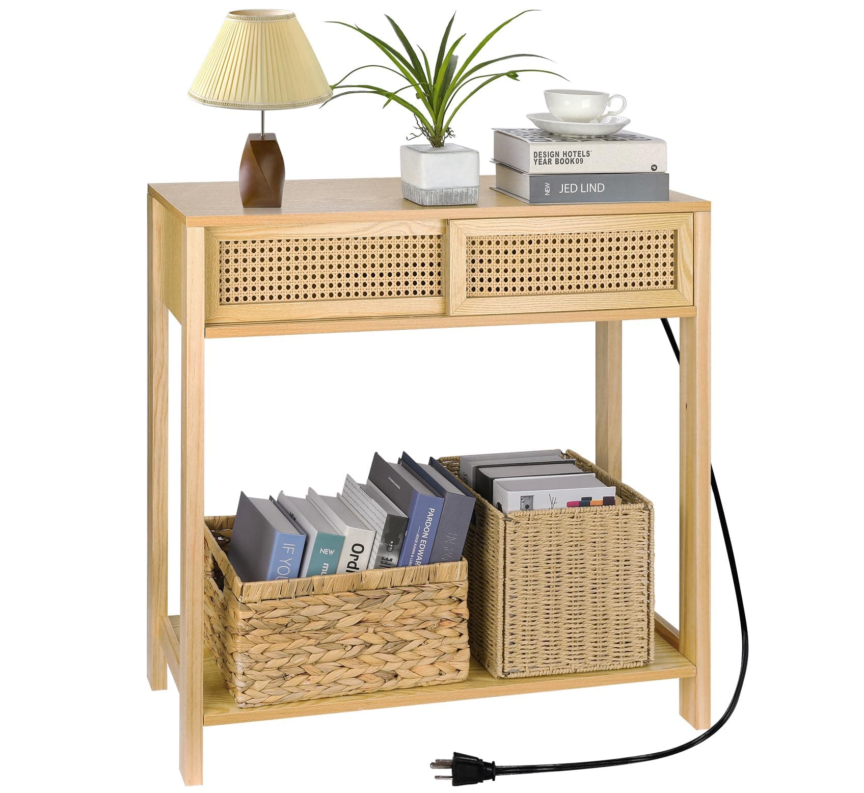 Console Table with Charging Station, Small Vanity Desk, 31" Console Tables for Entryway Table Rattan Dresser Entry Table Narrow Console Table Modern Hallway Table Boho Sofa Table for Living Room