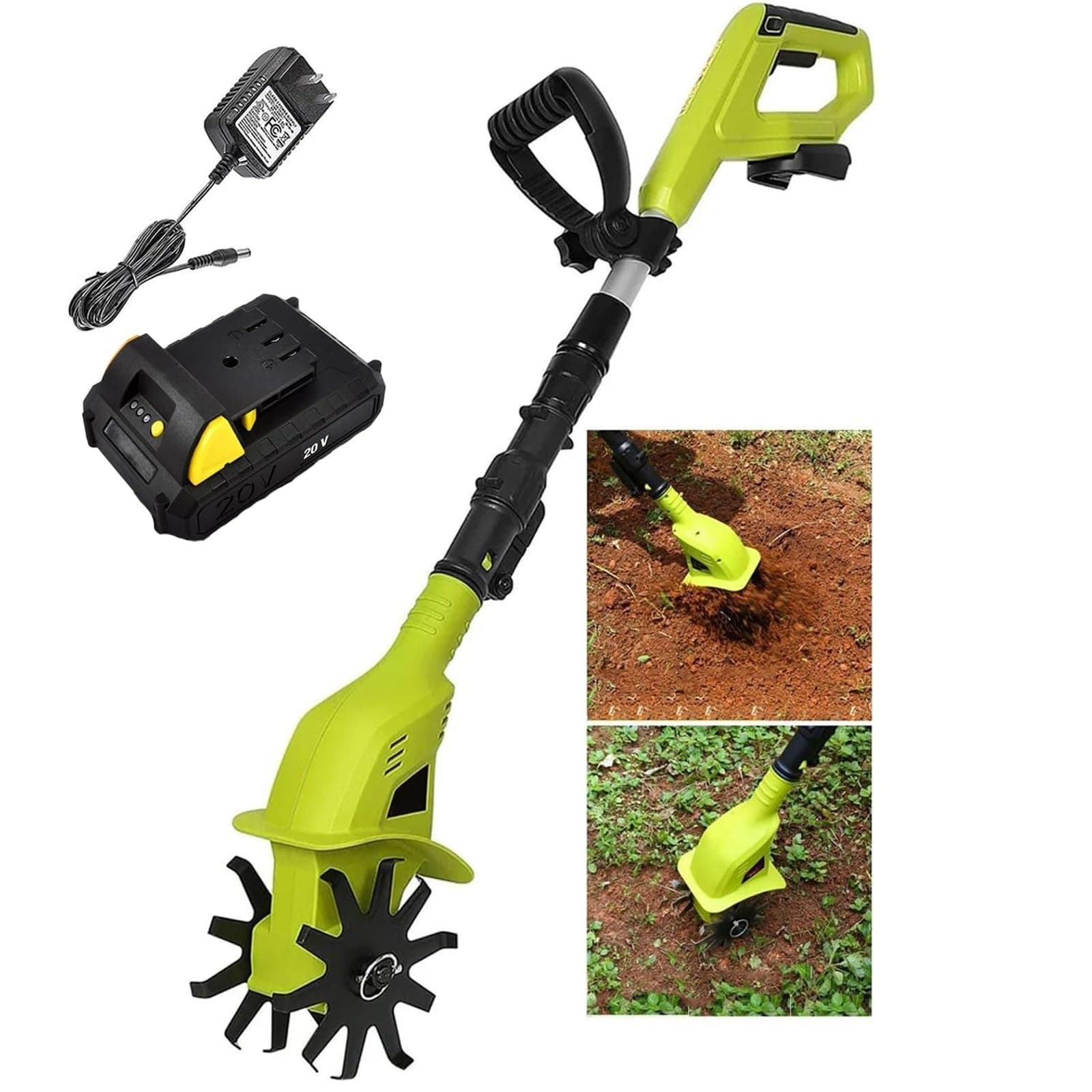 Cordless Electric Garden Tiller, Electric Garden Rotavator, Electric Powerful Soil Cultivator for Lawn, Handheld Battery Powered Rototiller, 10Cm Working Width, 25Cm Tilling Depth