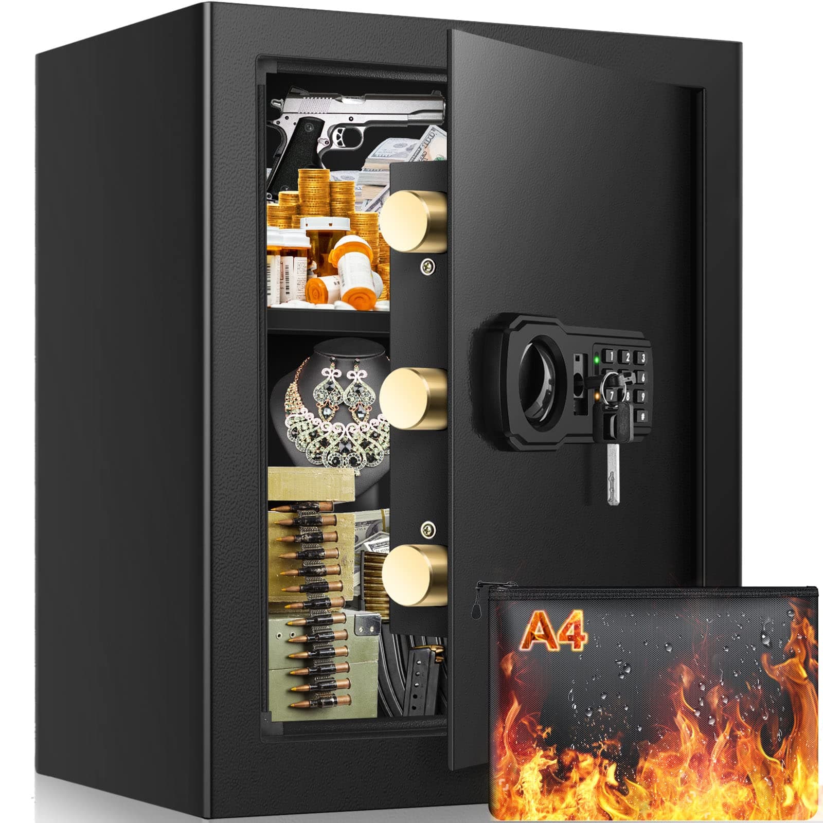 2.4 Cubic Large Fireproof Safe Box with Fireproof Document Bag, Personal Security Home Safe with Removable Shelf, Anti-Theft Lock Box for Documents Money Jewelry Valuables