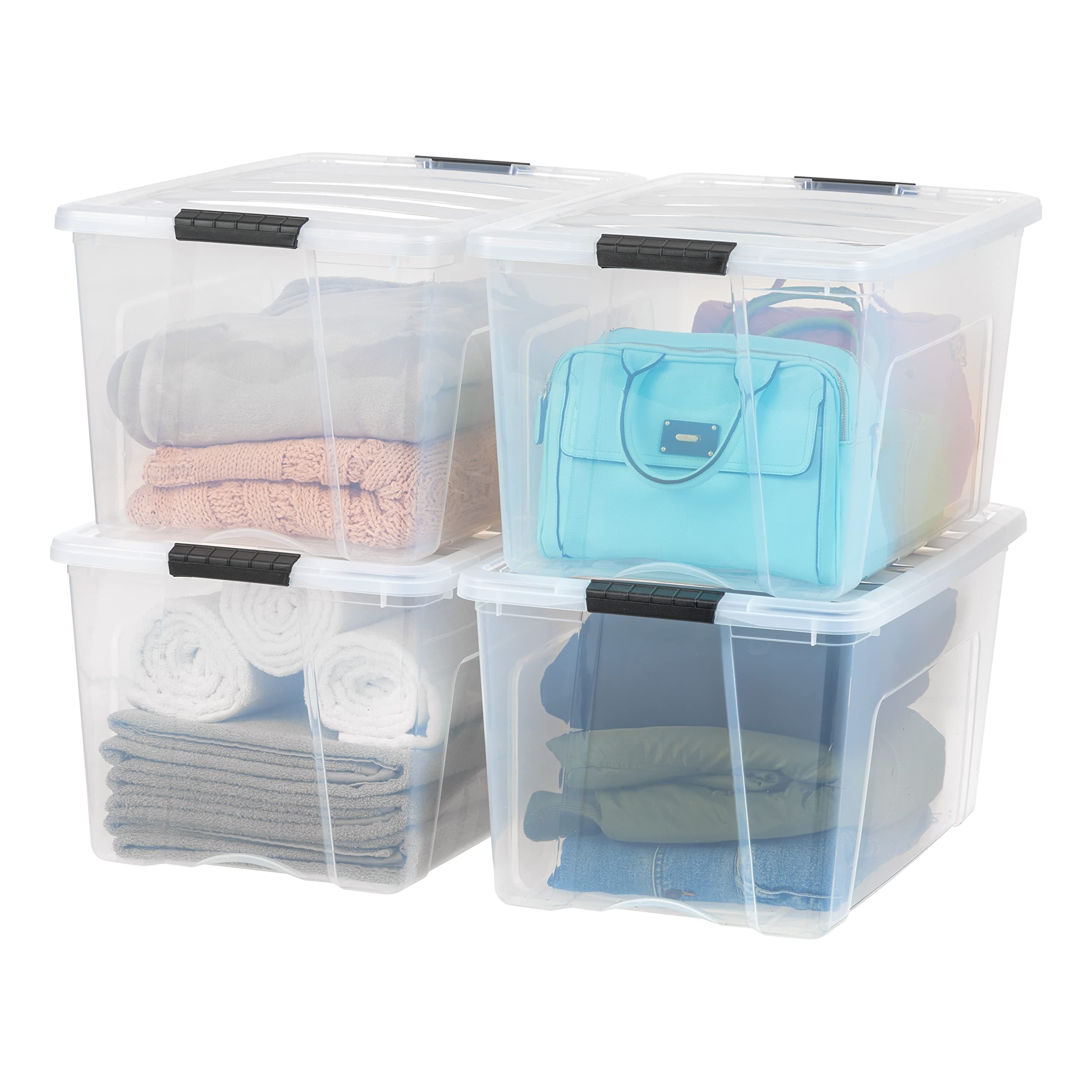 IRIS USA 72 QT Plastic Storage Box with Lid and Latches - 4 Pack - BPA-Free, See-Through Organizing Solution, Durable Nestable Stackable Containers, Secure Pull Handle - Clear