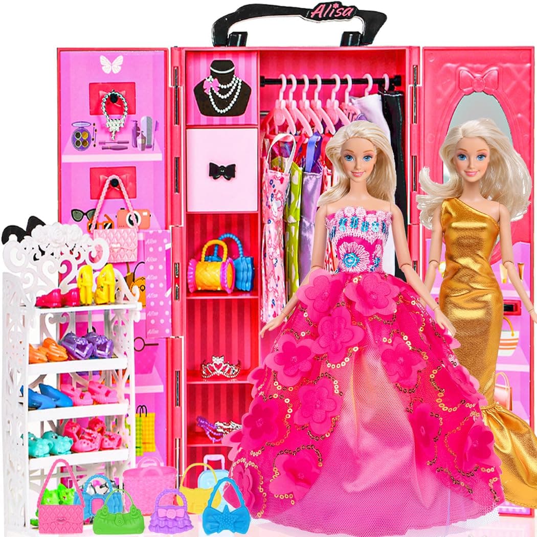 ebuddy 105 Pcs Doll and Closet Plyaset- Wardrobe Set Including One Doll,Wardrobe, Shoes Rack, Dress, Shoes Hangers, Necklace