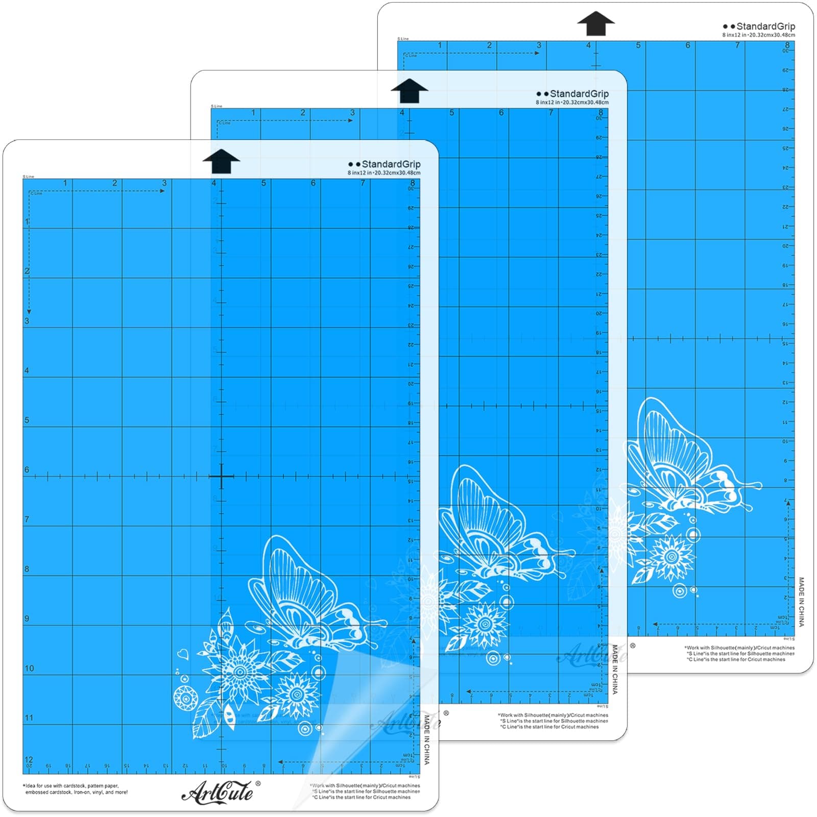 3 Pack Standard Grip Cutting Mat 12 x 8 Inch for Silhouette Portrait Adhesive Sticky Replacement Cut Mats for Scrapbooking Die-Cut Machines (Blue)