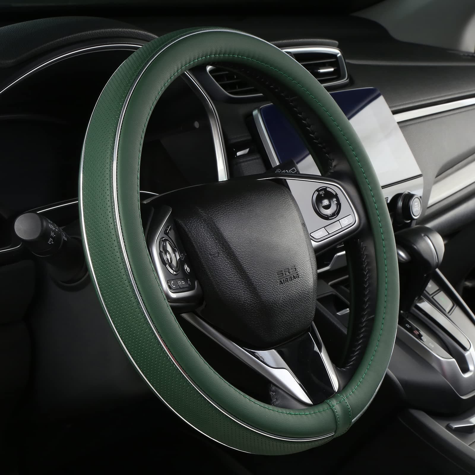 Green Leather Steering Wheel Cover Fiber Strip Car Steering Wheel Cover Universal 15 inch