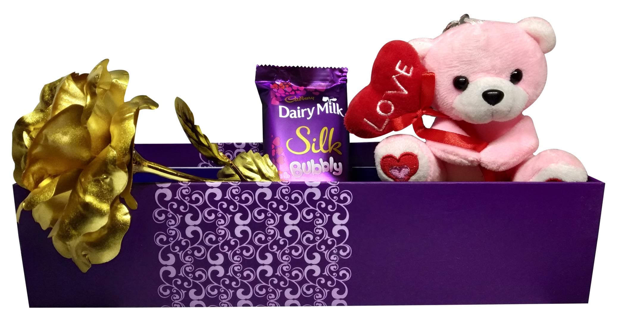 Natali Best Gift for Girlfriend - Small Soft Toy Keychain, Artificial Golden Rose & Chocolate