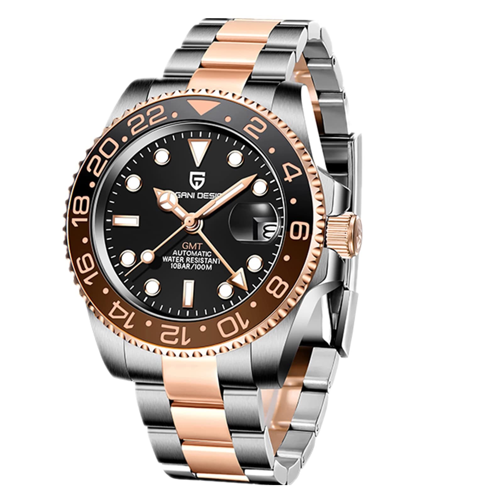 Pagani Design Mechanical GMT Stainless Steel Waterproof Wrist Watch with Sapphire Glass for Men, Stainless Steel Ceramic Watches for Men, Fünf Perlen Schwarz Und Blau