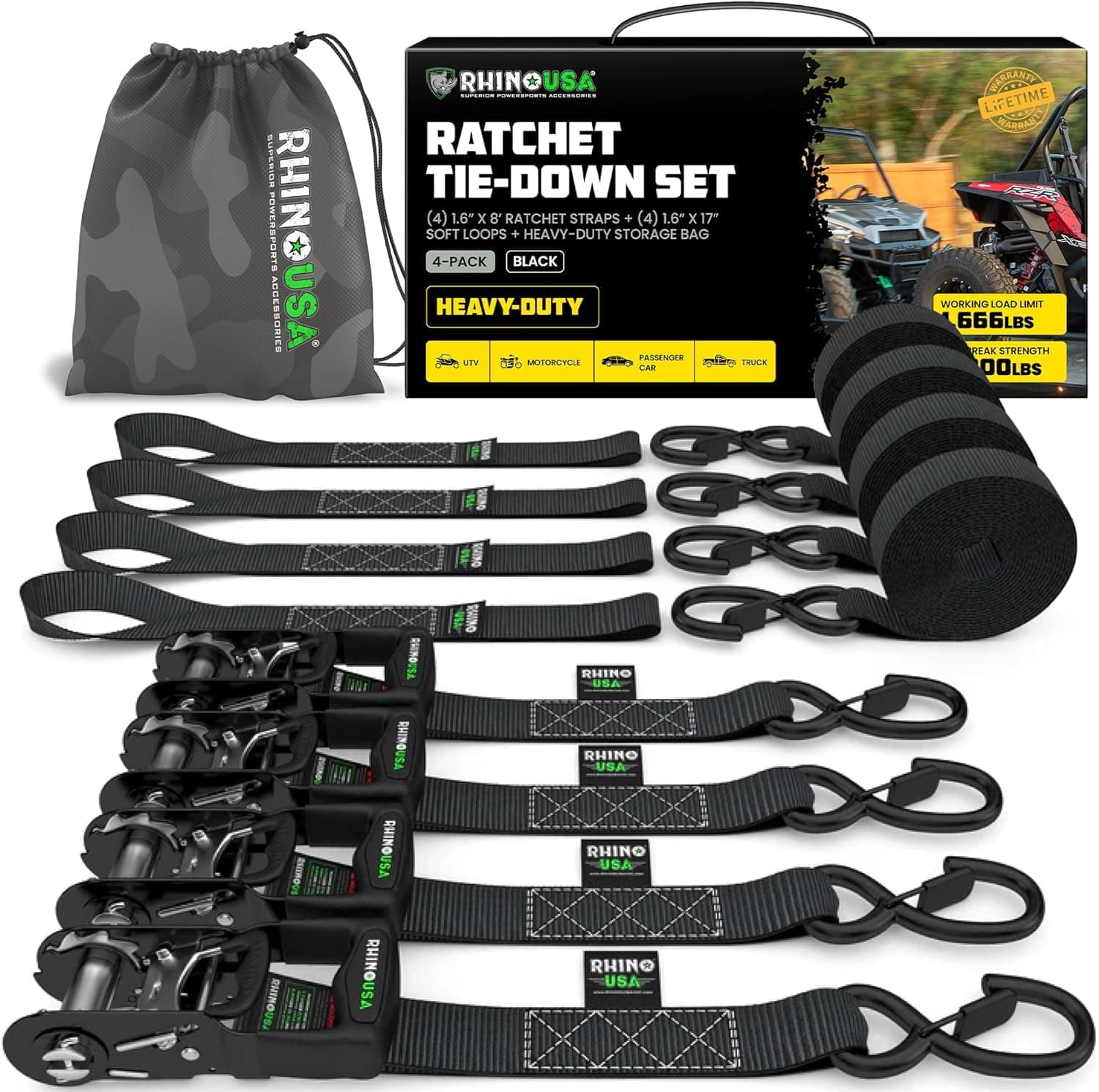 Rhino USA Ratchet Straps Heavy Duty Kit (4-Pack) - 4cm x 2.4m (2,000kg Break Strength) - Ultimate Tie Down Straps with Safety S Hooks for Trucks, ATV, UTV, Motorcycle, Cargo & More - Black