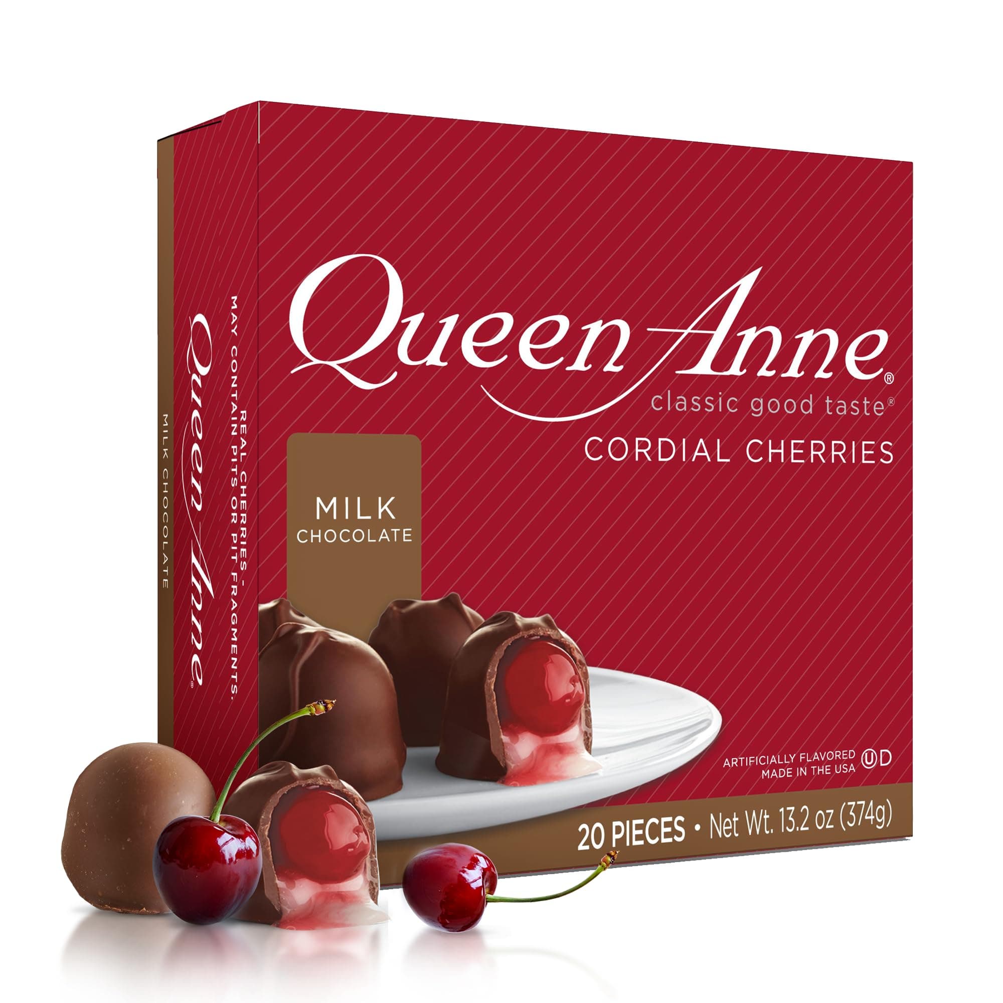 Milk Chocolate Covered Cordial Cherries | 13.2 oz | 20 Piece Gift Box | Whole Maraschino Cherry Creamy Filled Liquid Center | Holiday Party Chocolate Candy