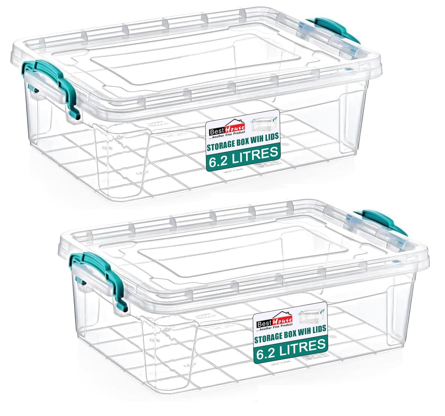 BH | 6.2L - Rectangle Multi-functional Clear Storage Boxes Containers with Lids | Pack of 2 | Heavy Duty Stackable Underbed, Boxes Use for Home, office, Kitchen, Toys and Goods - By BEST HOUSE
