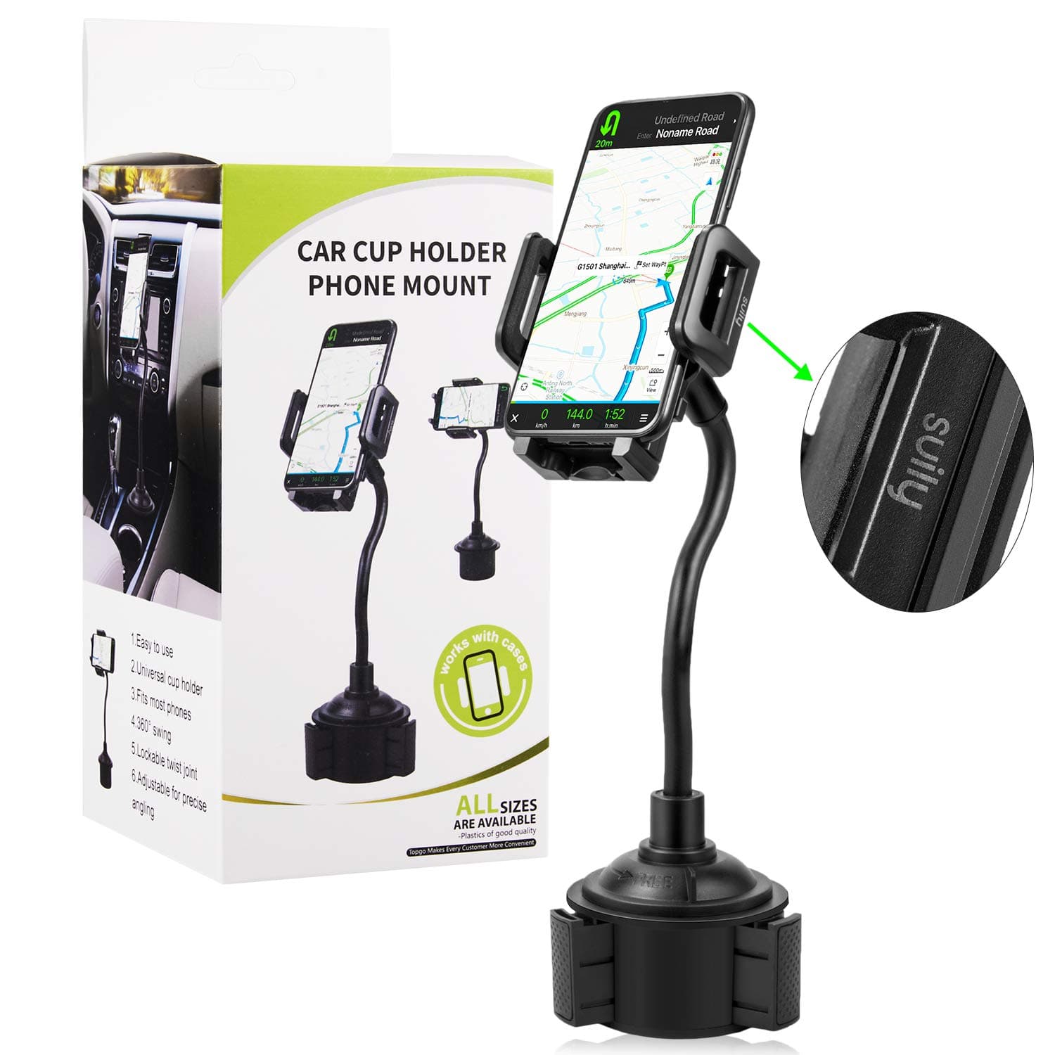 Cell Phone Holder for Car, suily Universal Adjustable Gooseneck Cup Holder Cradle Car Mount for iPhone Xs/SX Max/X/8/7 Plus/Galaxy S8/ Huawei (Black)