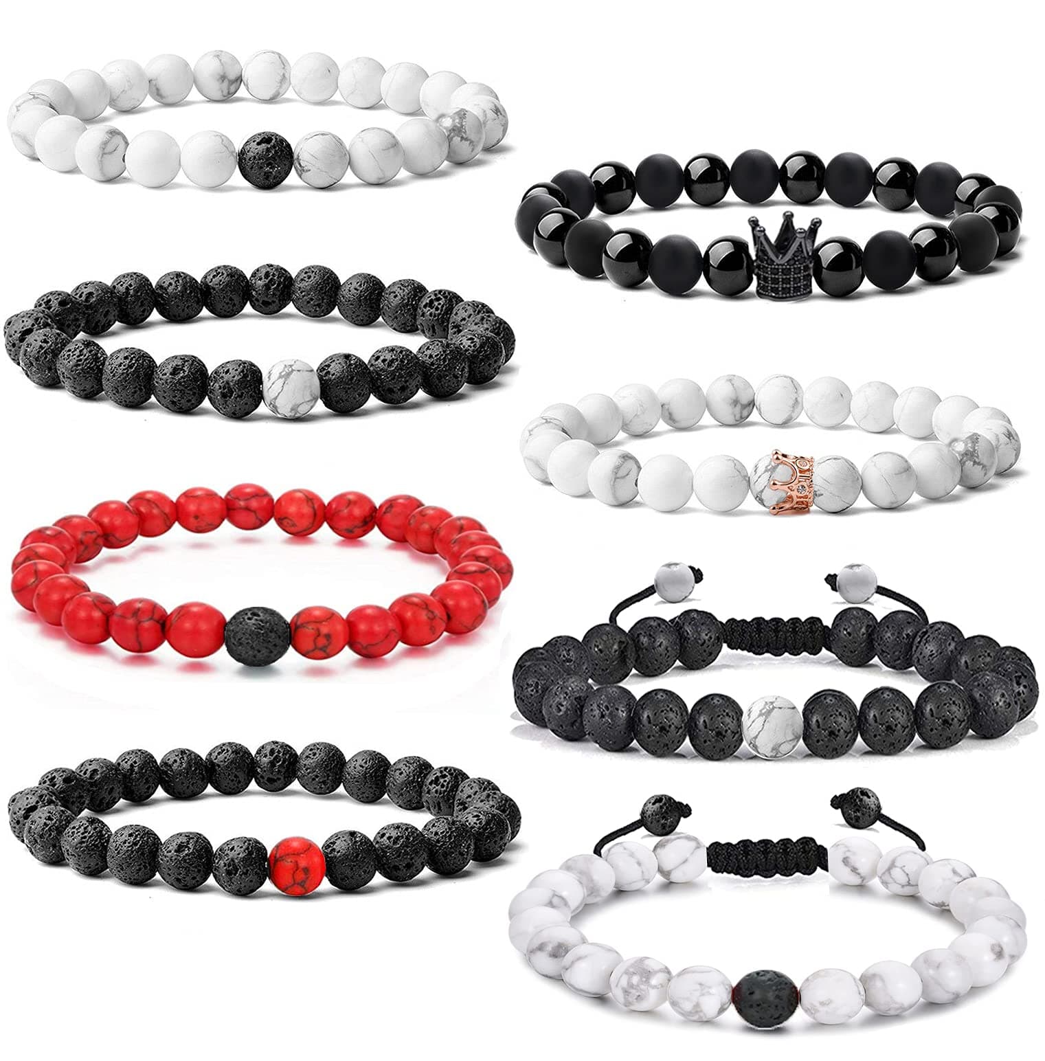 sonnyx8 PCS 8mm Mens Beaded Bracelets Long Distance Couples Matching Howlite Bracelet Matte Lava Rock Beads Bracelet for Women