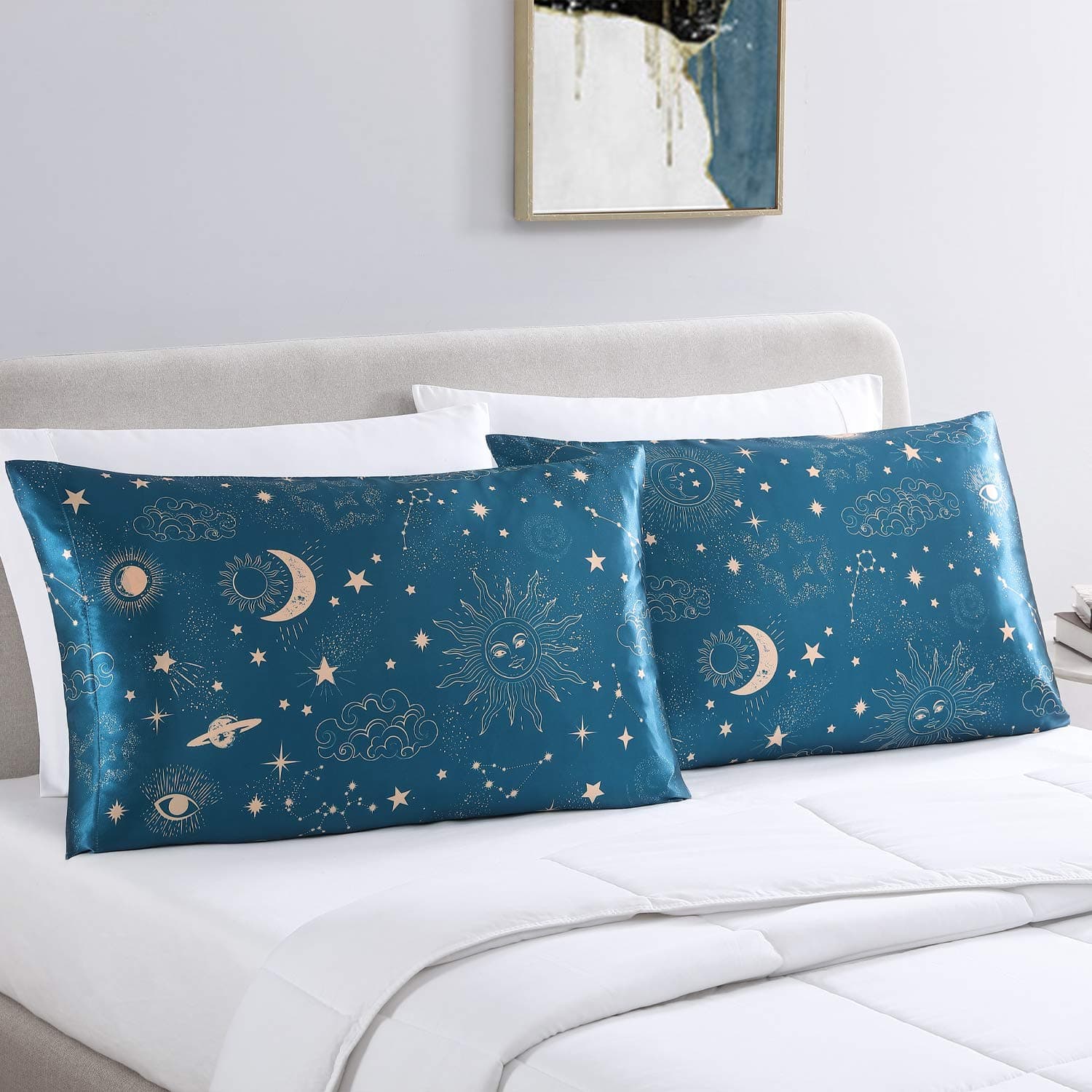 EXQ Home Satin Pillowcase for Hair and Skin, Soft Cooling Printed Pillow Cases King Size Set of 2 Satin Pillow Case with Envelope Closure（Sun,20x40 inches