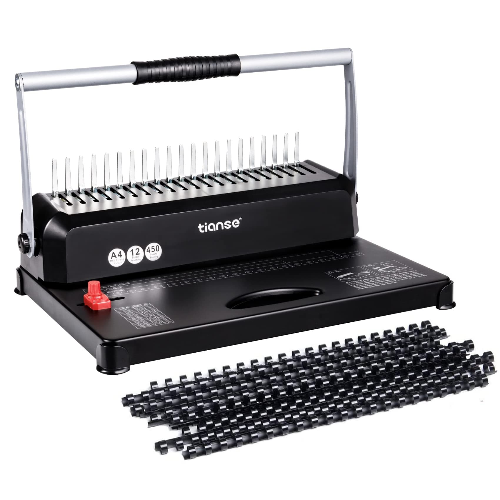 Binding Machine, TIANSE 21-Holes, 450 Sheets, Comb Binding Machine with 100 PCS 3/8'' Comb Binding Spines Starter Kit, Comb Binding Machine for Letter Size, A4, A5 or Smaller Sizes