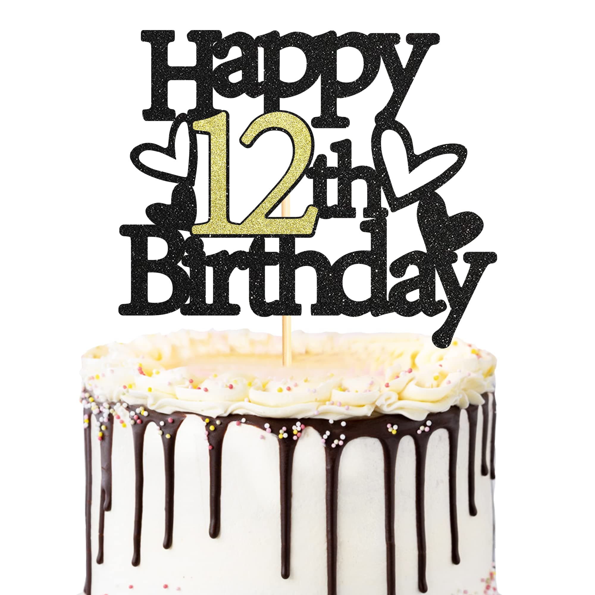Sumerk Happy 12th Birthday Cake Topper,Glitter Cake Topper,12 Birthday Cake Decoration,Cake Decoration Supplies,Birthday Party Decoration Supplies (Gold & Black)