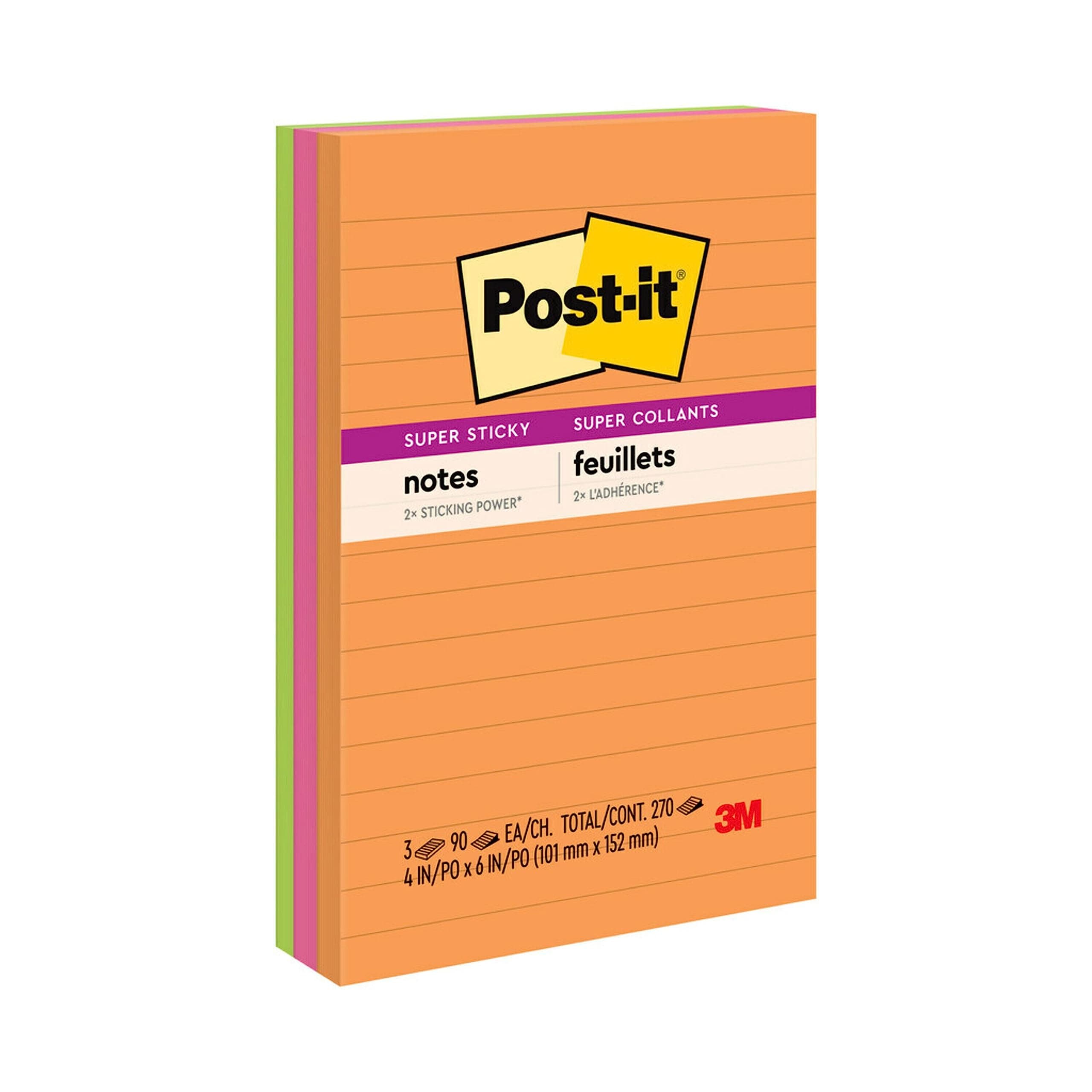 Post-it Super Sticky Lined Notes, 3 Sticky Note Pads, 4 x 6 in., Ideal for Organization in Your Dorm, Home or Office, Energy Boost Collection