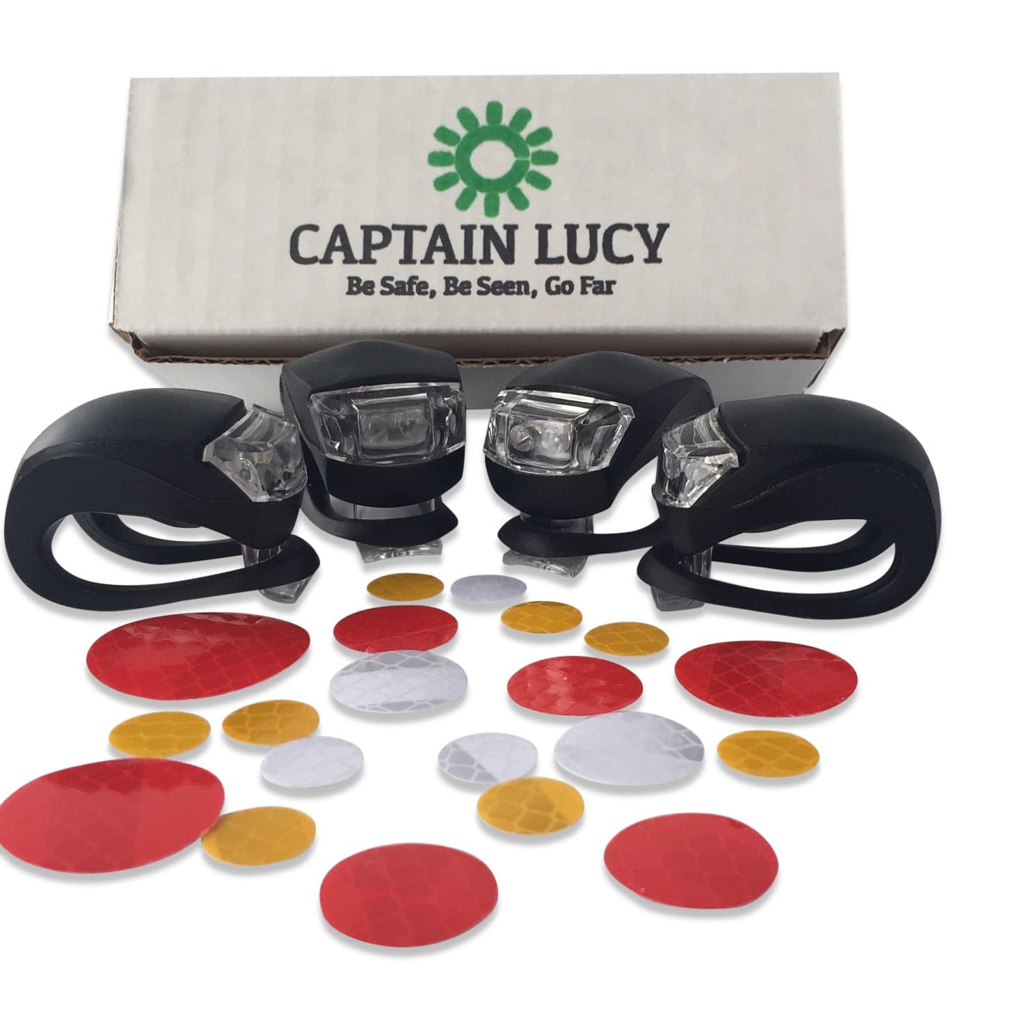 Bicycle Safety Light Set - 4 Pack - Front and Rear Silicone LED Flashing Lights - White Headlight - Red Taillight - Reflective Bicycle Stickers - Water Resistant - Batteries Included! (4 Black)