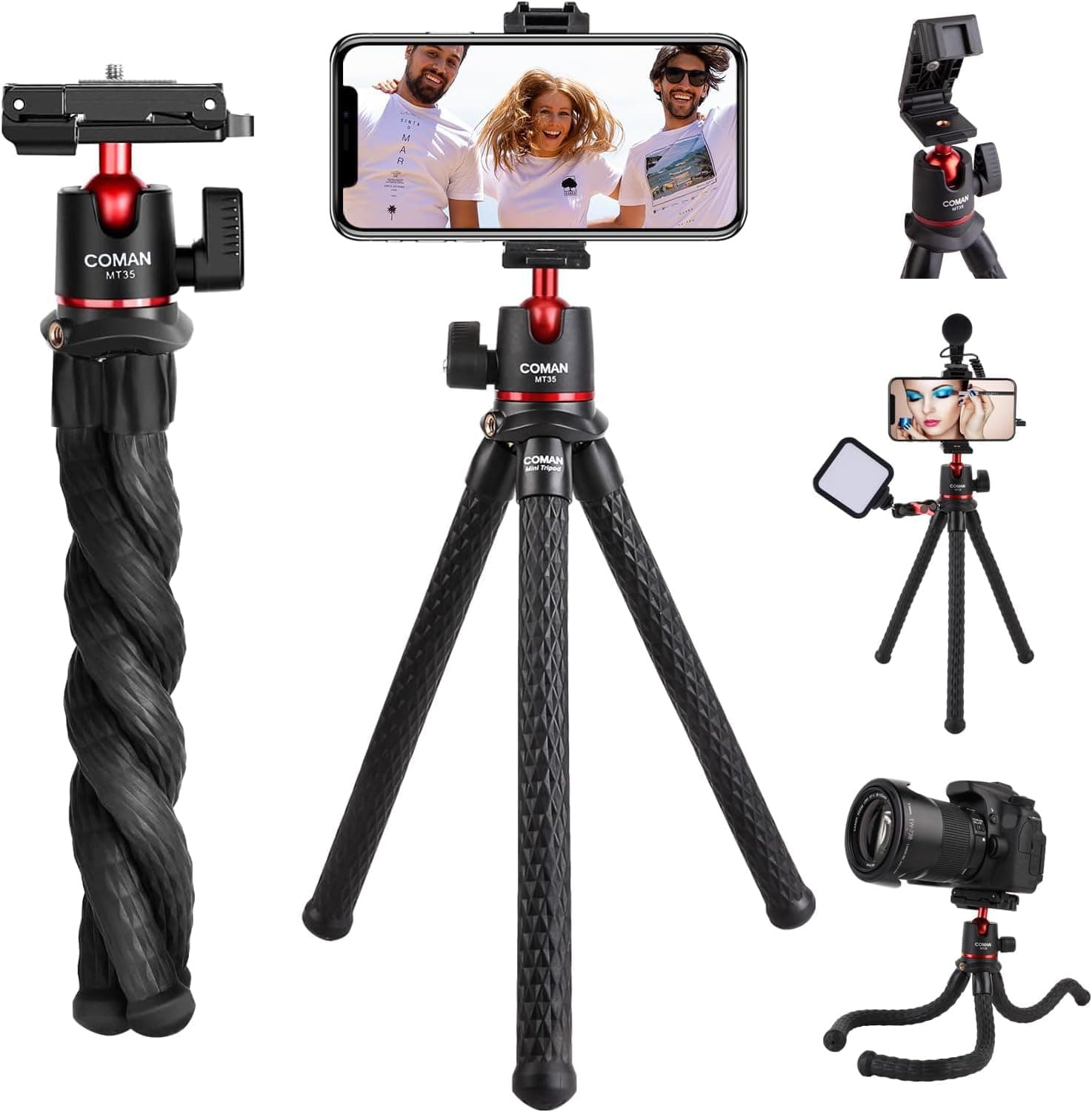 Camera Flexible Tripod with Remote Shutter, Mount Adapter for Hero 11 10 9 8, Hidden Phone Holder with Cold Shoe, 1/4" Screw for Magic Arm, Bendable Vlogging Tripod, Load Up to 4.4lb - T30
