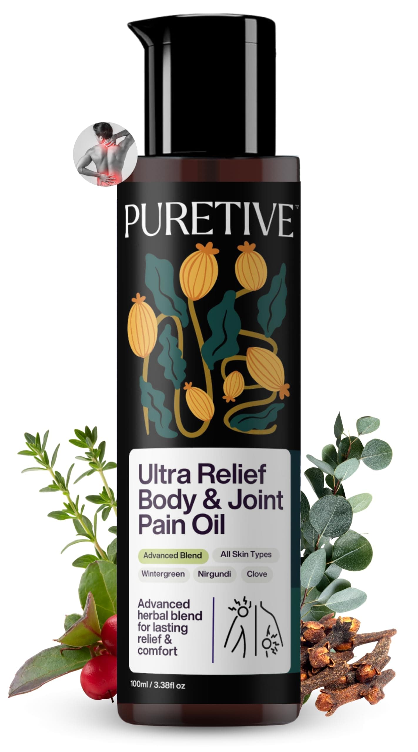 Puretive Ultra Relief Ortho Oil for Joint Pain, Sciatica & Frozen Shoulder – Natural Heating Massage Oil for Winter | Eases Back, Neck & Muscle Stiffness | Fast-Absorbing & Non-Sticky | 100 ml