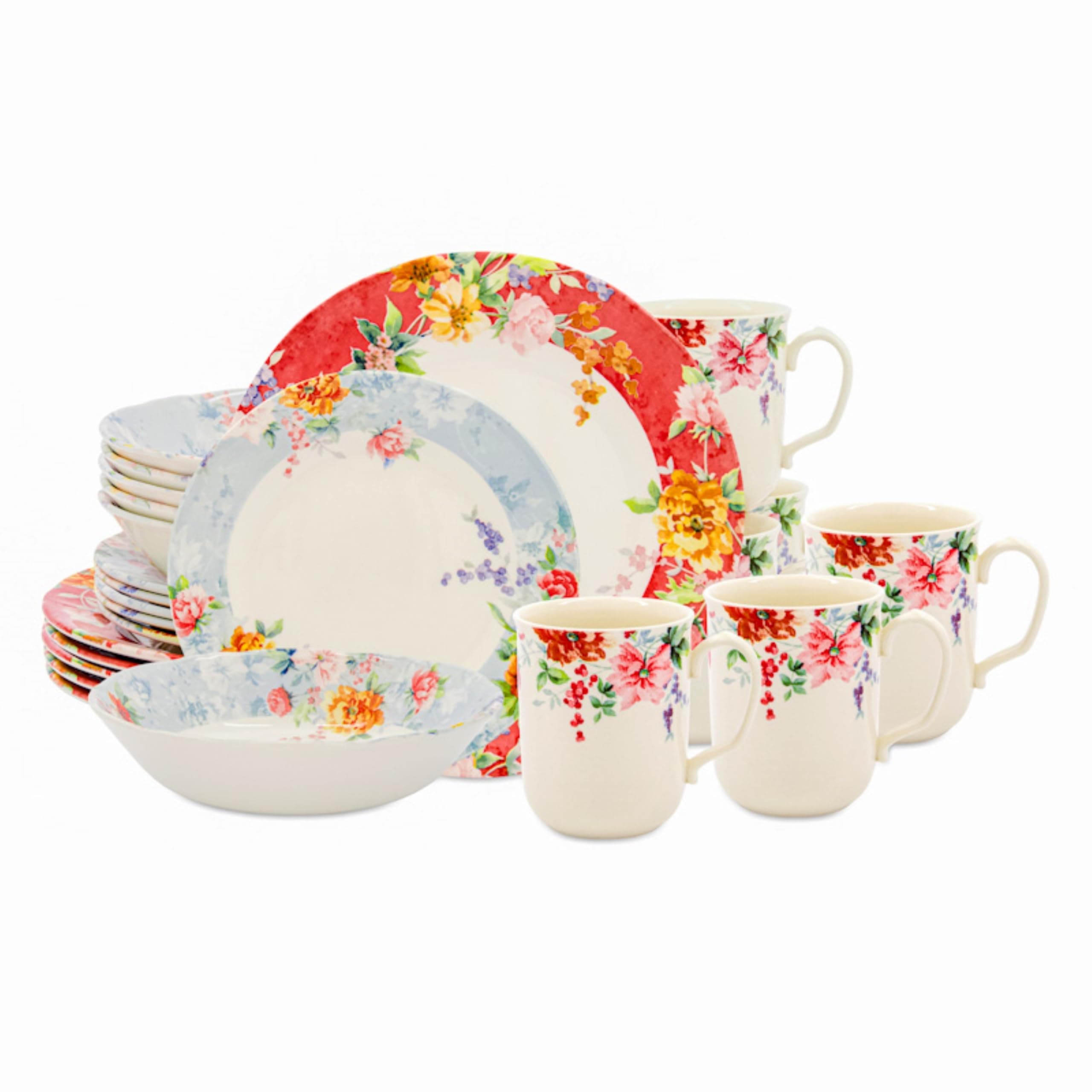 Tudor Royal 24-Piece Porcelain Round Dinnerware Set, Service for 6, Crimson Design, Summer Floral, Plates Bowls Mugs Dishes, Glossy, Premium Quality Tableware