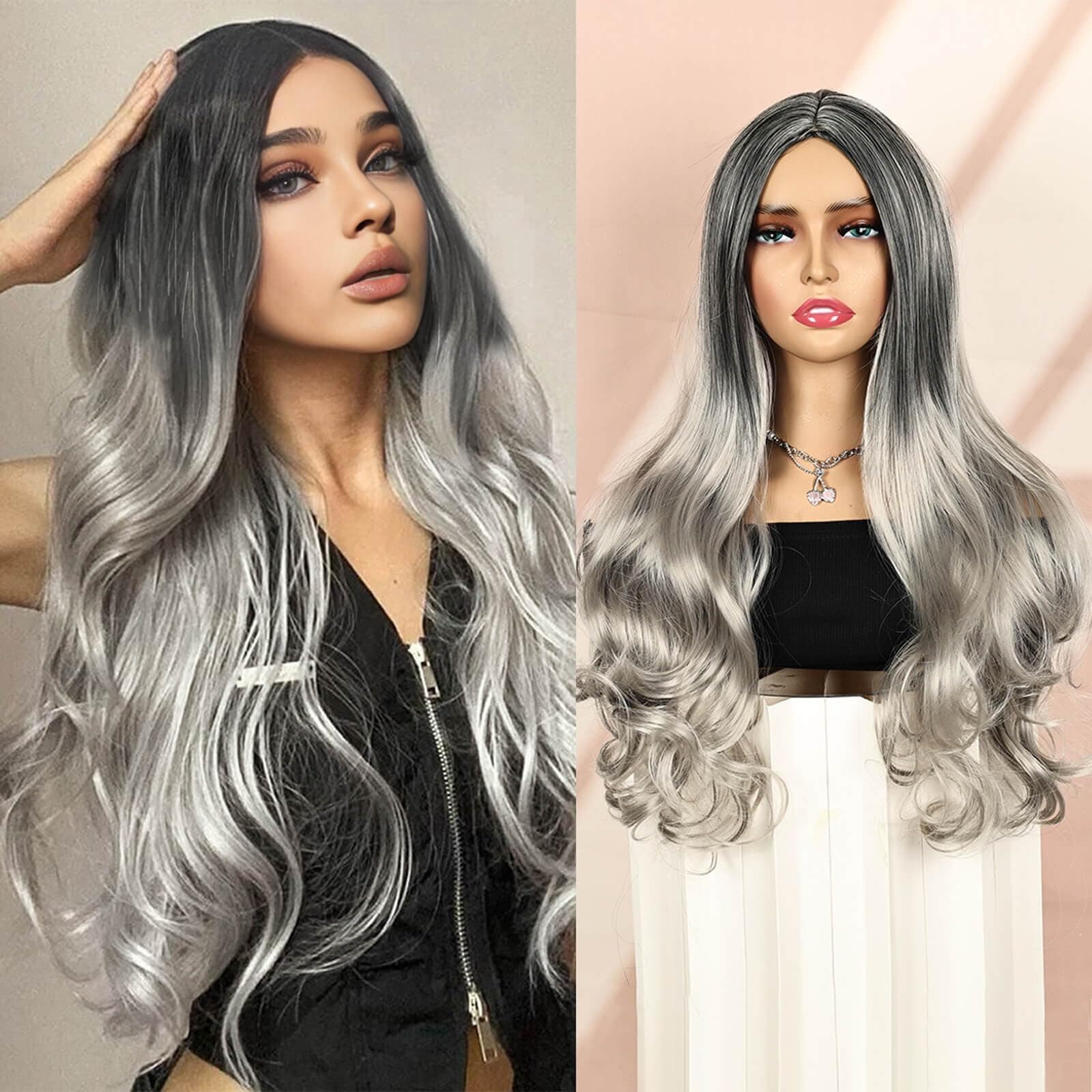 Queentas 24 Inch Grey Long Wavy Wigs for Women Natural Hair Full Head Glueless Synthetic Curly Wig