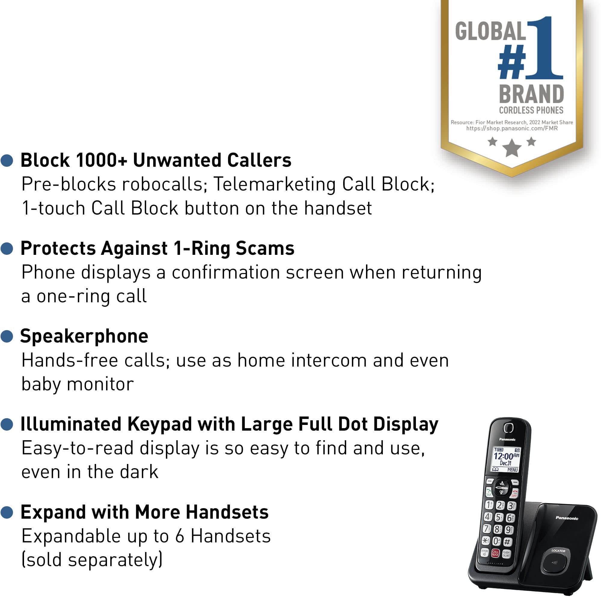 Panasonic - KX-TGD810B Cordless Phone Extended Call Lock Bilingual Caller ID Large Display High Contrast Easy to Read Expandable System with 1 Headphone (Black)
