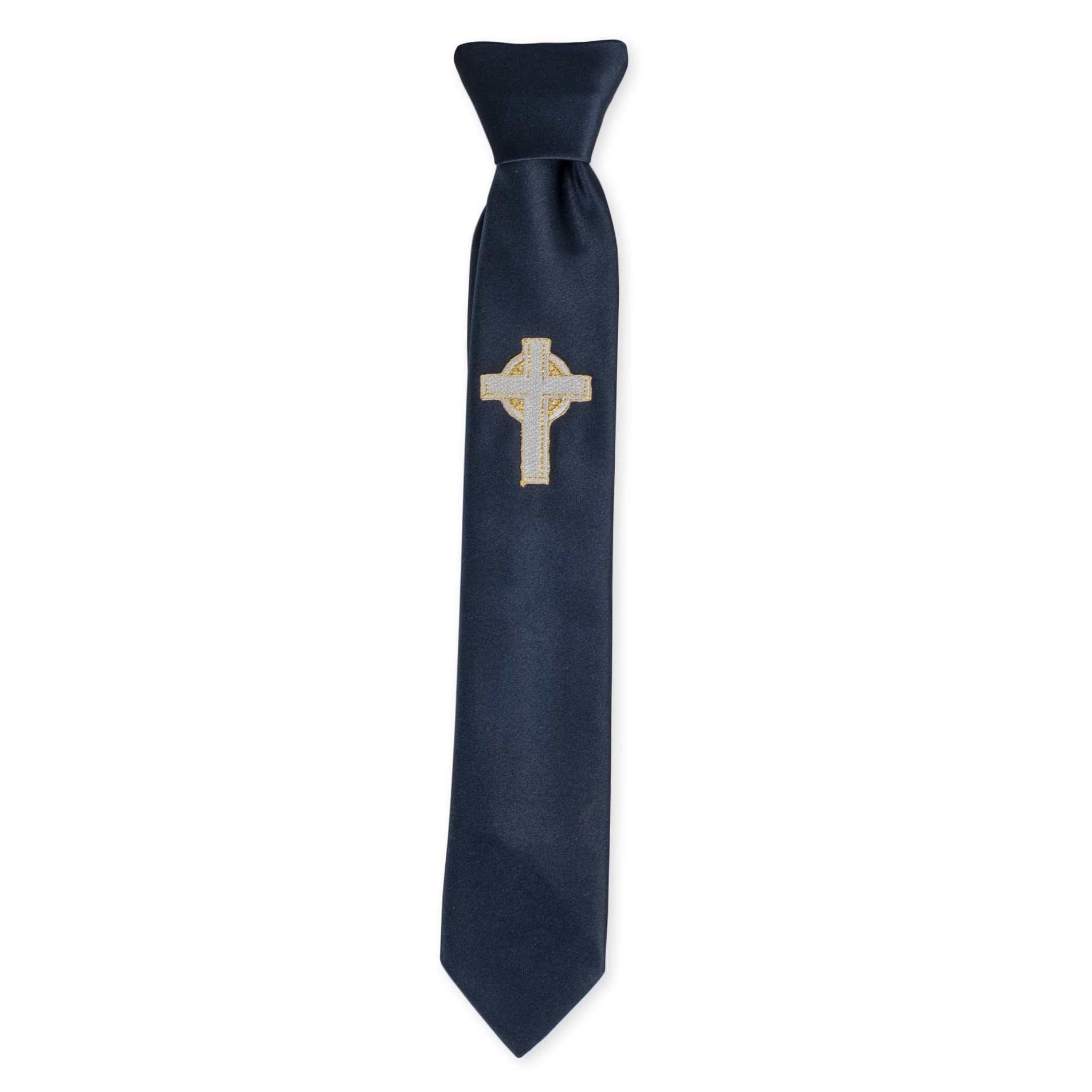 Boy's First Communion Navy Tie with Gold and White Embroidered Cross