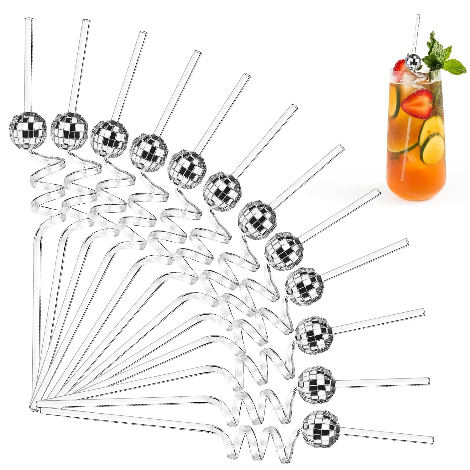 Esteopt 12Pcs Mirror Disco Ball Decorative Party Straws - Disco Theme Cocktail Straws for Wedding Birthday Party Decorations (Silver)