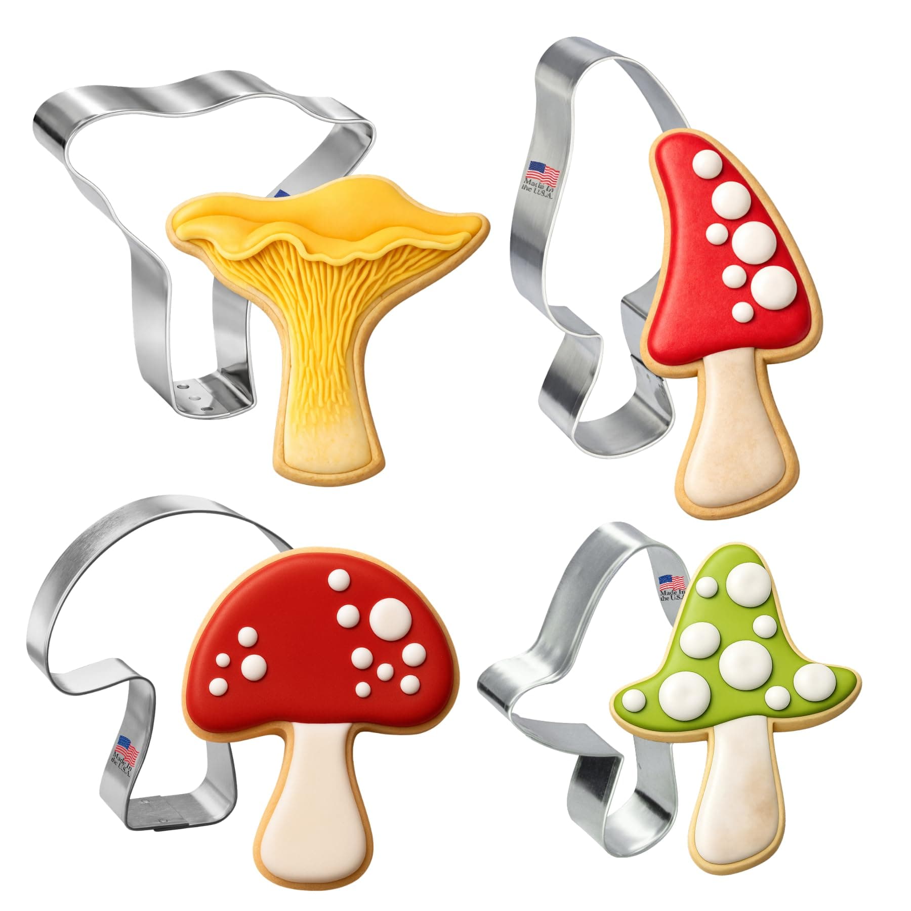 Foose Cookie Cutters Mushroom 4 Pc Set. USA Tin Plate Steel. 4 in Morel, 3.25 in Chanterelle, 3.25 in Shitake, and 3.25 in Button