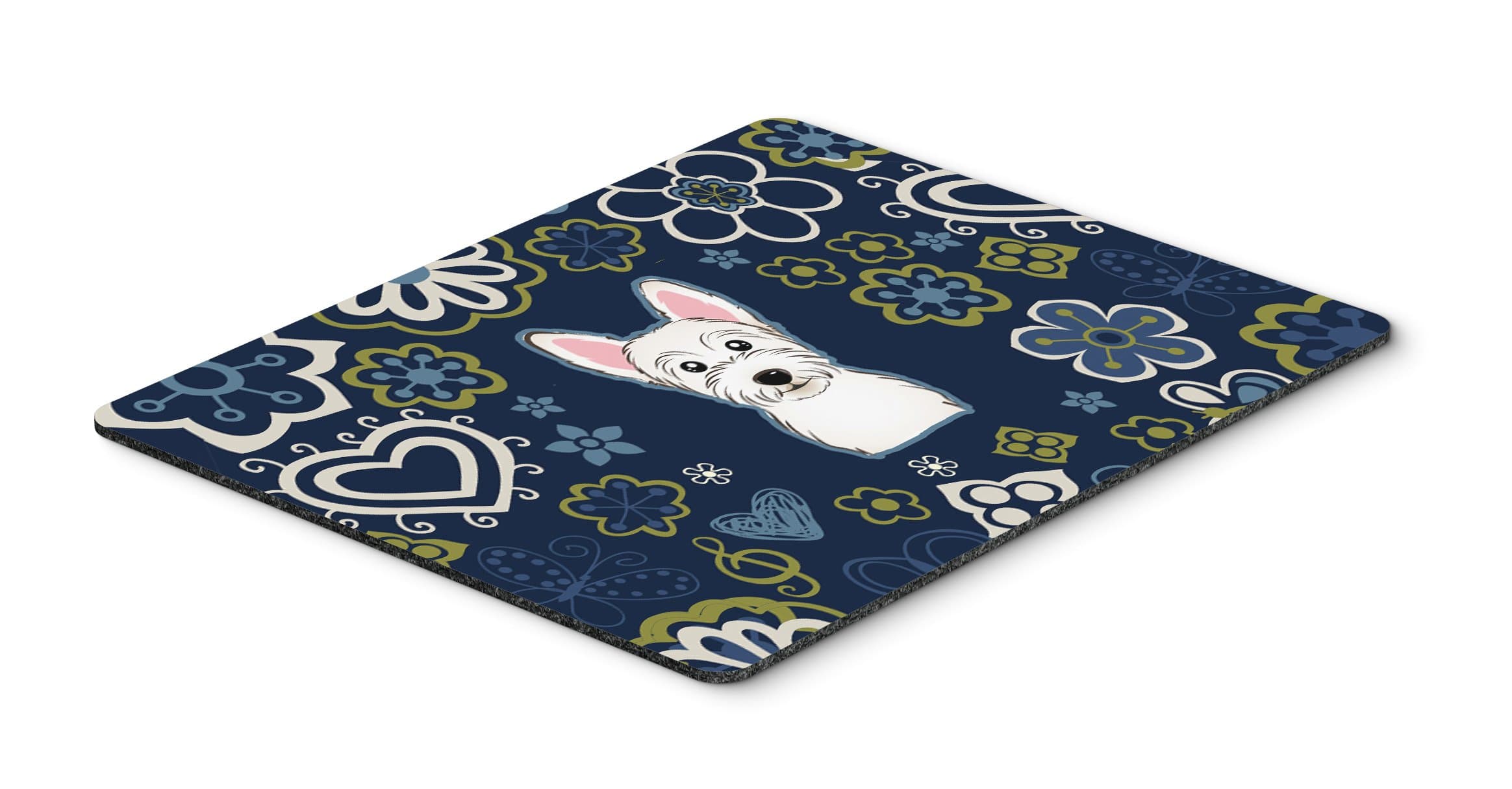 Blue Flowers Westie Mouse Pad, Hot Pad or Trivet