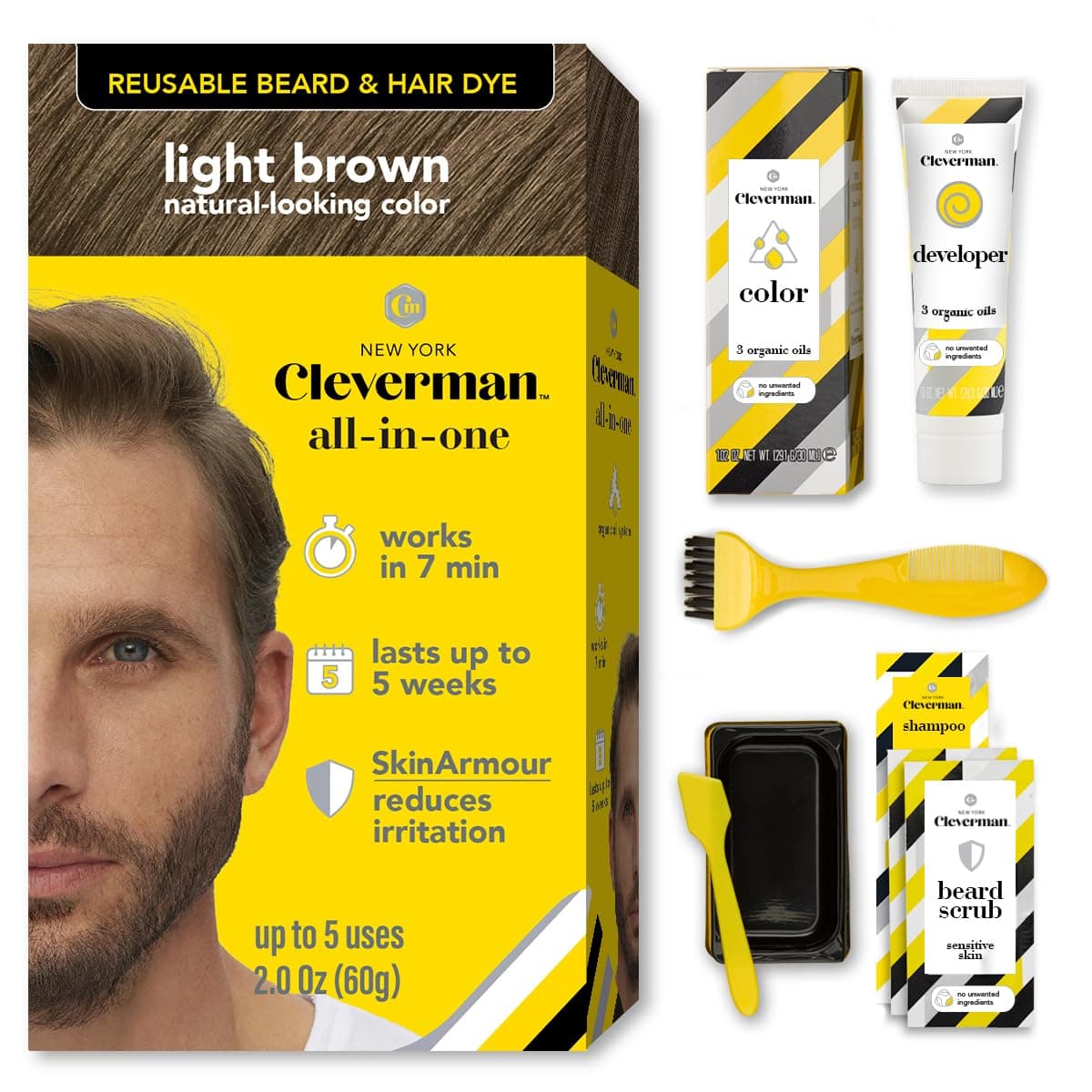 - Reusable Hair & Beard Dye for Men – Light Brown 6.12 | Up to 5 Uses, 7 Minutes | Natural Gray Coverage, No-Drip Cream with SkinArmour® – Cleverman