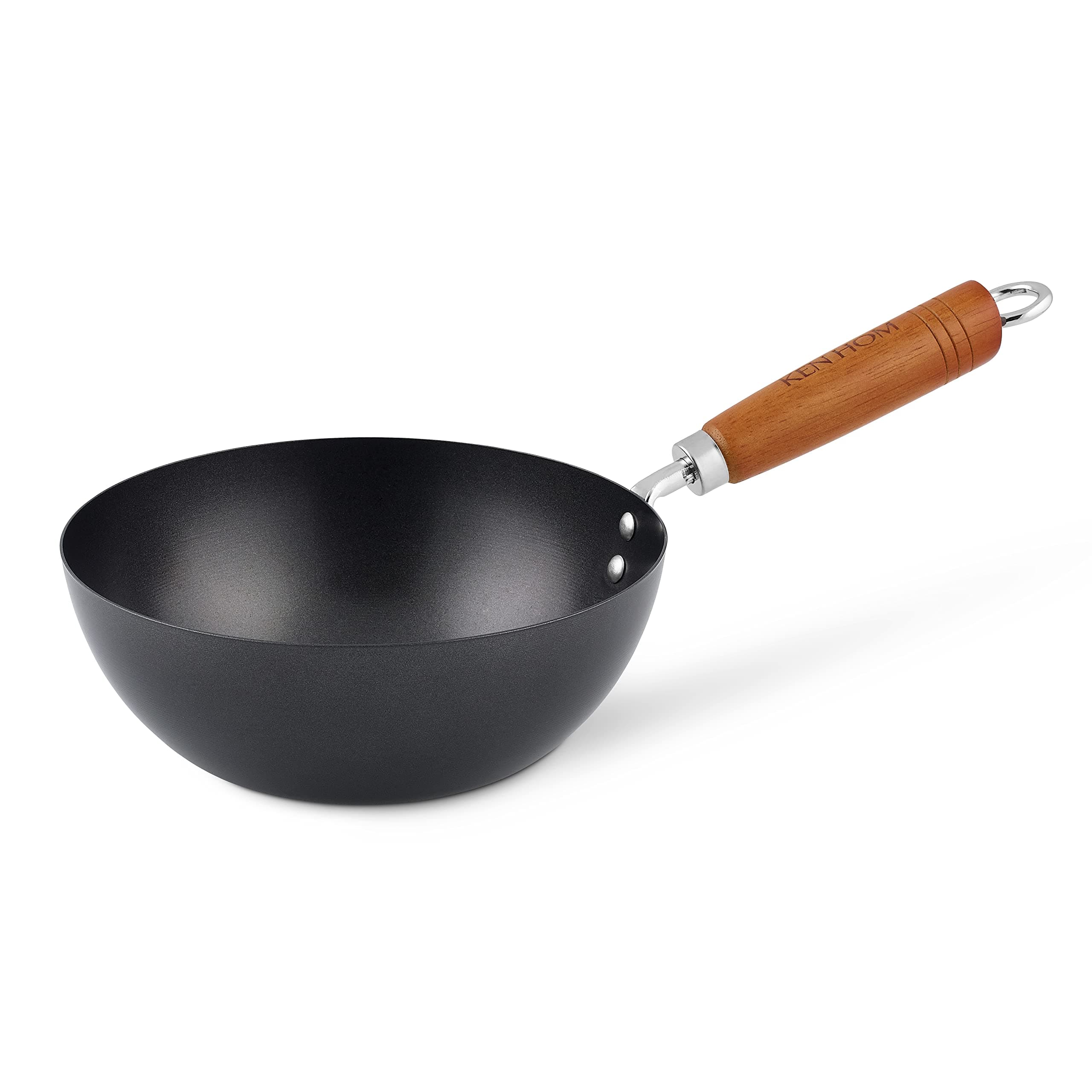 Ken Hom Carbon Steel Mini Wok, 20cm, Classic, Non-Induction/Wooden Handle/Flat Base Pan, Includes 1 x Chinese Wok Pan, KH320001