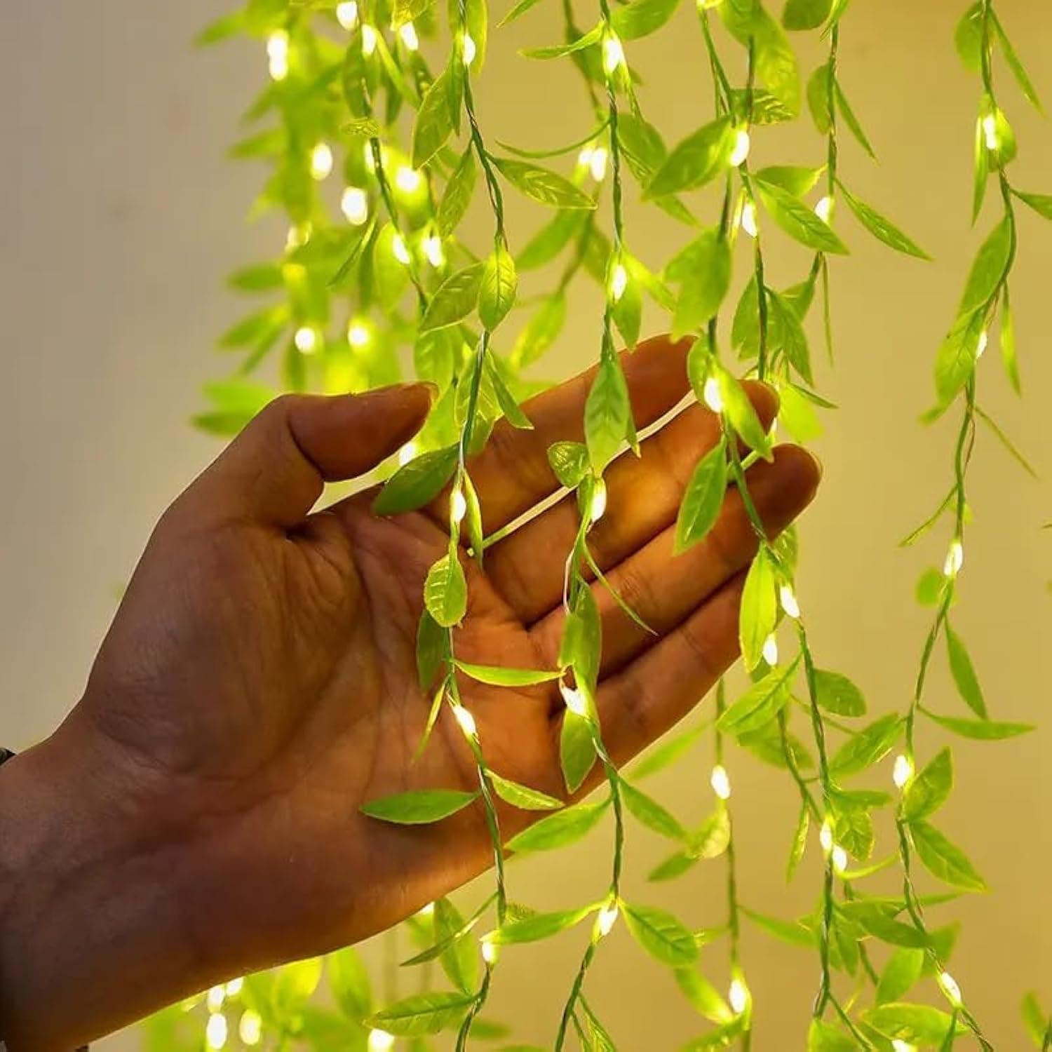 - DesiDiya ®Artificial Leaf Curtain LED String Light, 200 LEDs, 8 Modes, Adjustable Brightness, Perfect for Bedroom, Garden, Birthday & Festive Decor (10x3Feet, Green Color) Corded Electric