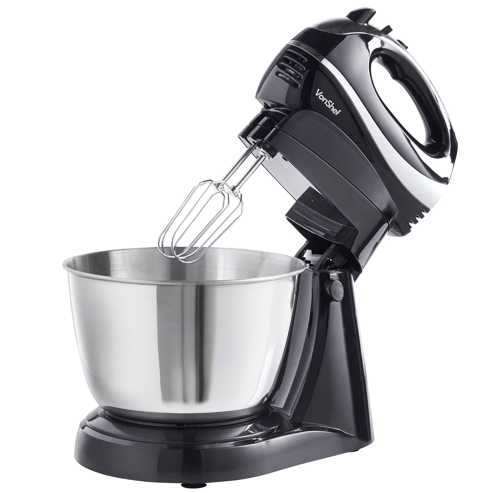 VonShef Hand and Stand Mixer – Cake Mixer with Bowl and Stand 2 in 1, 300W, 3.5L Stainless Steel Bowl, 2 Beaters, 2 Dough Hooks & Balloon Whisk, Easy Clean, Turbo Boost, Eject Button, Compact – Black
