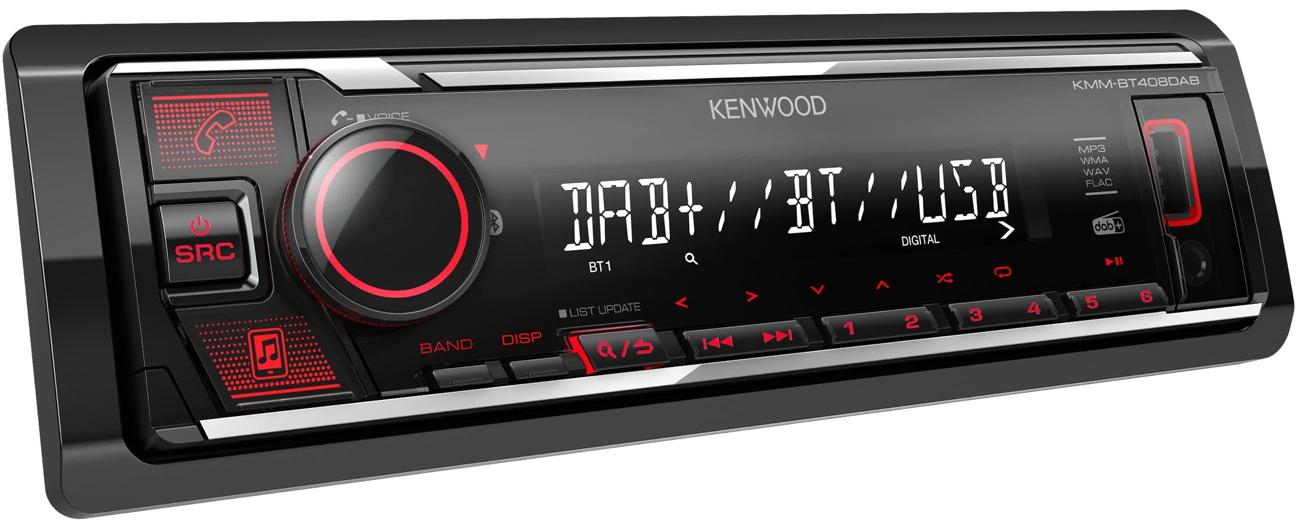KMM-BT408DAB USB Car Radio with DAB+ and Bluetooth Hands-Free Kit (Sound Processor, USB, AUX, 1 x Pre-Out 2.5 V, 4 x 50 Watt, Button Lighting, Red, Includes DAB+ Antenna)