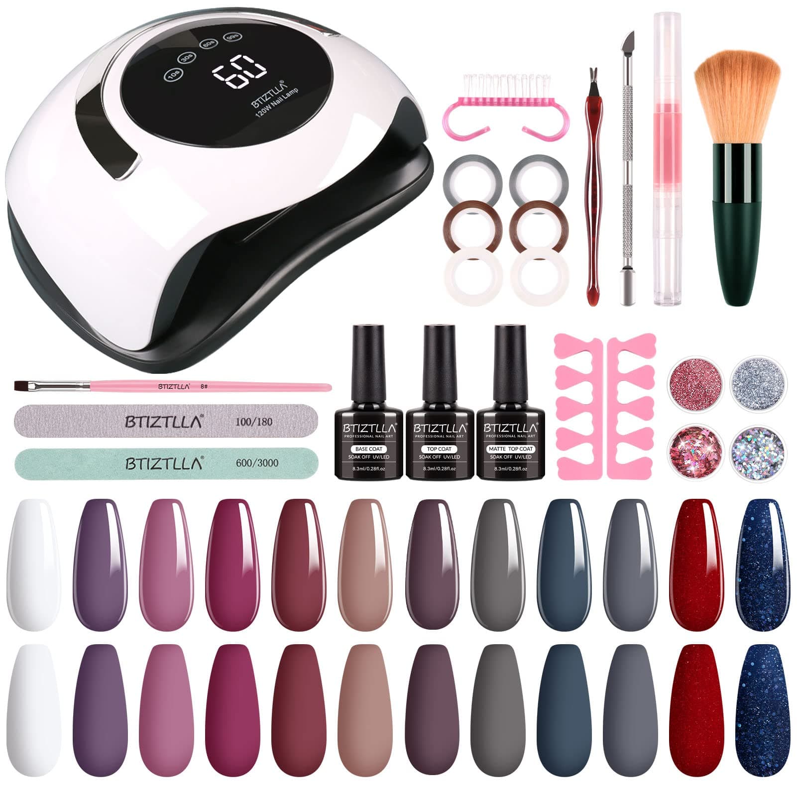 BtiztllaGel Nail Polish Kit with 120W LED Light, 12 Colors White Nude Glitter Gel Nail Polish Set, UV LED Nail Lamp, No Wipe Base Top Coat, Manicure Tools, Starter Kit for Beginner DIY at Home