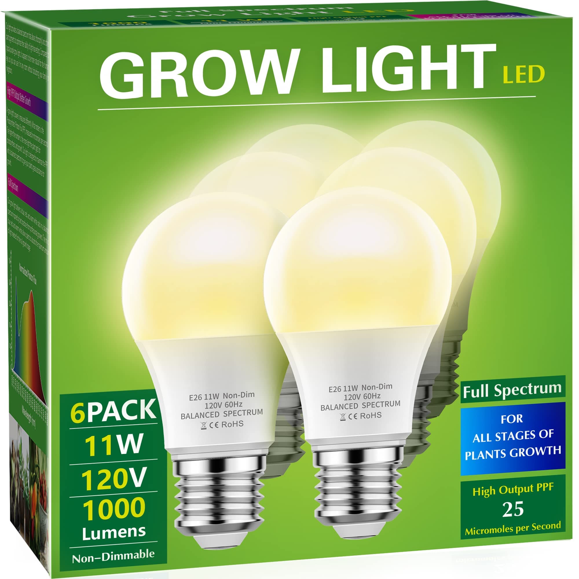 Briignite Grow Light Bulbs, LED Grow Light Bulb A19 Bulb, Full Spectrum Grow Light Bulb, Plant Light Bulbs E26 Base, 11W Grow Bulb 100W Equivalent, Grow Light for Indoor Plants, Seed Starting, 6 Pack