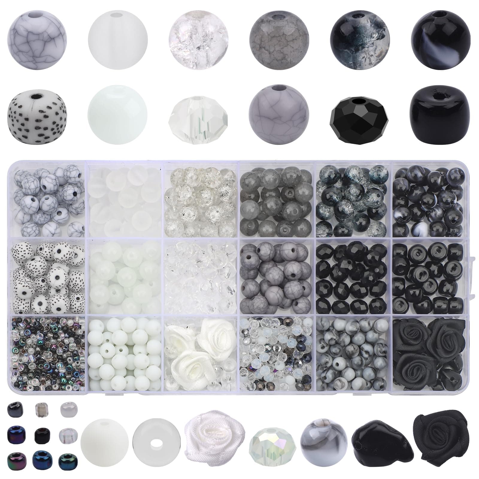 1018pcs Beads for Jewelry Making 8mm Glass Beads Black White Color Round Loose Spacer Beads for DIY Craft Bracelet Necklace Earring