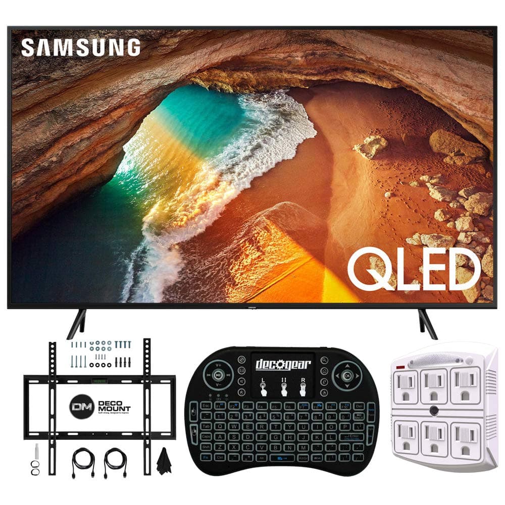 Samsung QN43Q60RA 43" Q60 QLED Smart 4K UHD TV with 1 Year Warranty (2019 Model)(Renewed) Flat Wall Mount Bundle with Deco Gear 2.4GHz Wireless Keyboard Smart Remote and 6-Outlet Surge Protector