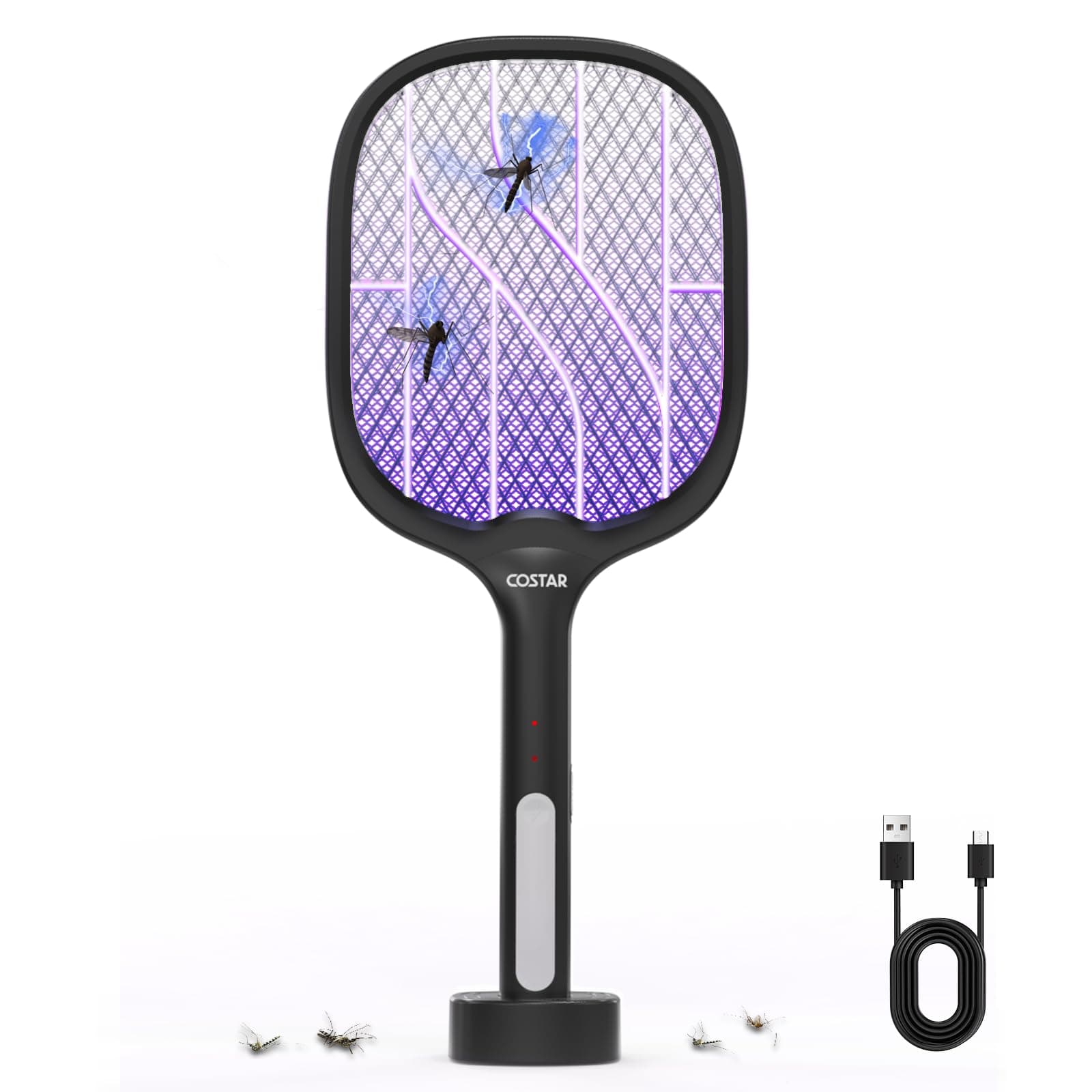 CostarMatter Mosquito Racket with UV Light Lamp, 2 Modes Mosquito Bat USB Rechargeable, Bug Zapper Electric Fly Swatter w/Long Lasting Lithium-ion Battery, 6 Months Warranty (Black)