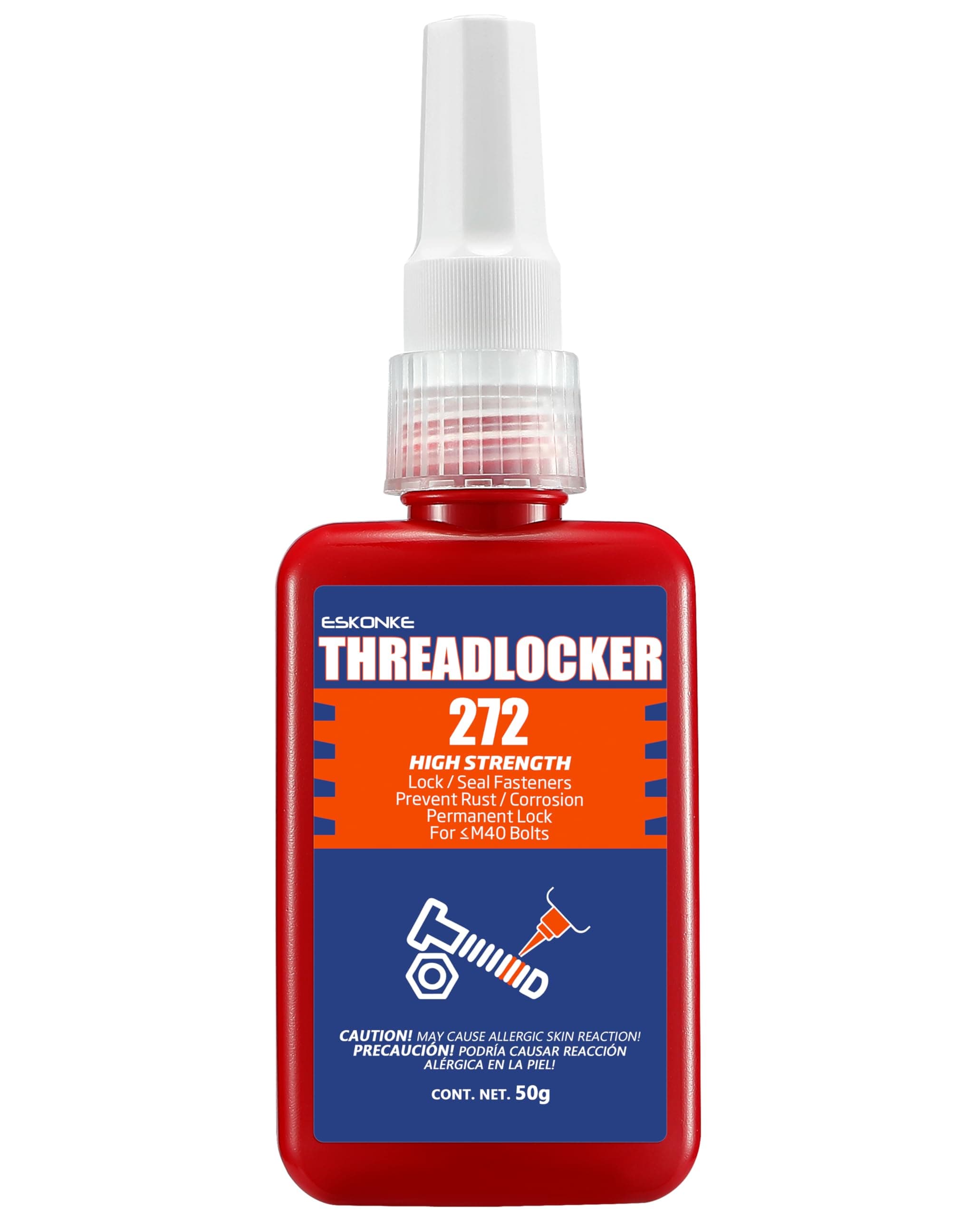 Thread Locker Orange 272 - Permanent Threadlocker Metal Glue for Nuts, Bolts, Fasteners High Strength Screw Glue to Prevent Loosening & Corrosion 1.69 Oz/50 ml