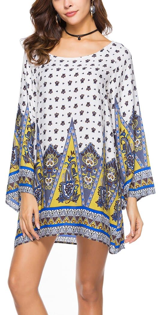 Women's Bohemian Vintage Printed Ethnic Style Loose Casual Tunic Dress(White/Yellow-XL)