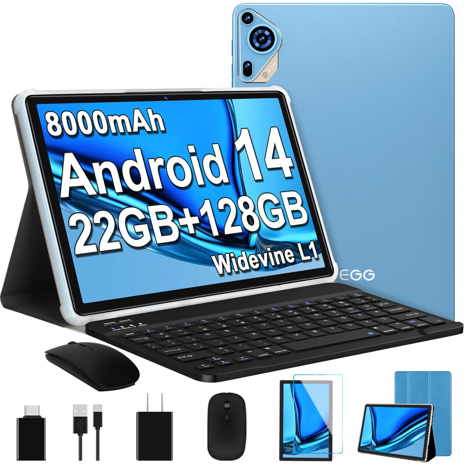 2025 Android 14 Tablet 10" Octa Core Tablet with 22GB RAM + 128GB ROM (Extends to 1TB), 8000mAh Large Battery 1280x800 IPS HD Touch Screen, Widevine L1 Compatible with Keyboard & Mouse Metal Blue