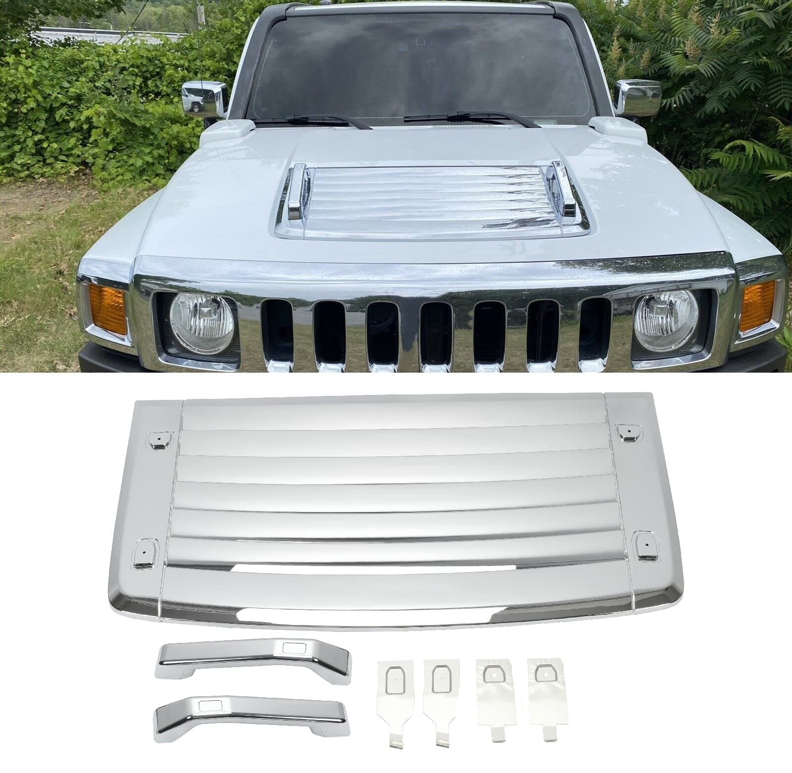 3Pcs Silver Hood Vent Compatible with 2006-2010 Hummer H3 & H3T's w/Handles New Chrome Hood Deck Vent Panel Handle Covers Trim Moulding