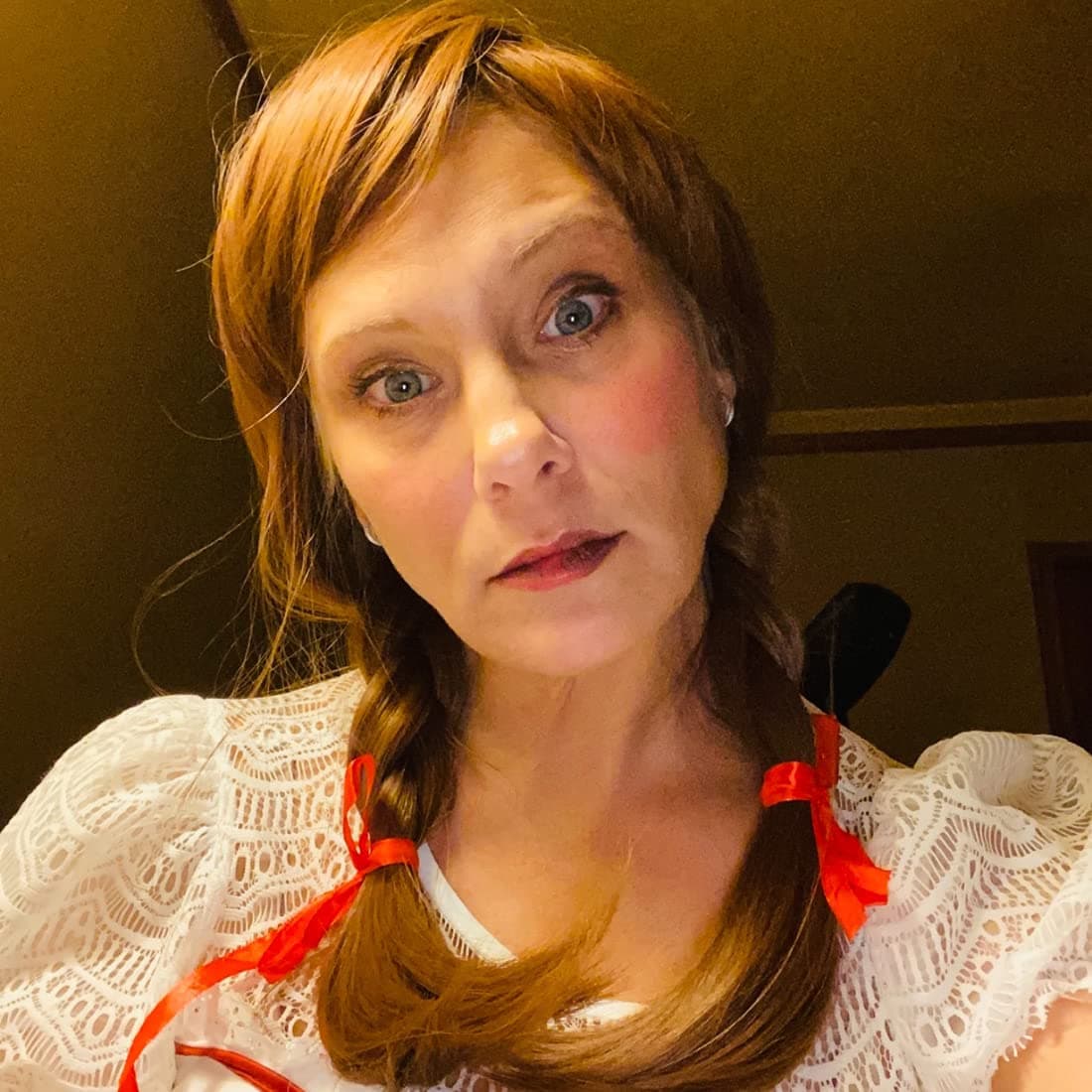 Halloween Costume Wig for Women,Horror Doll Style, Long Brown Braided Accessories,Cosplay Wig with Red Bows