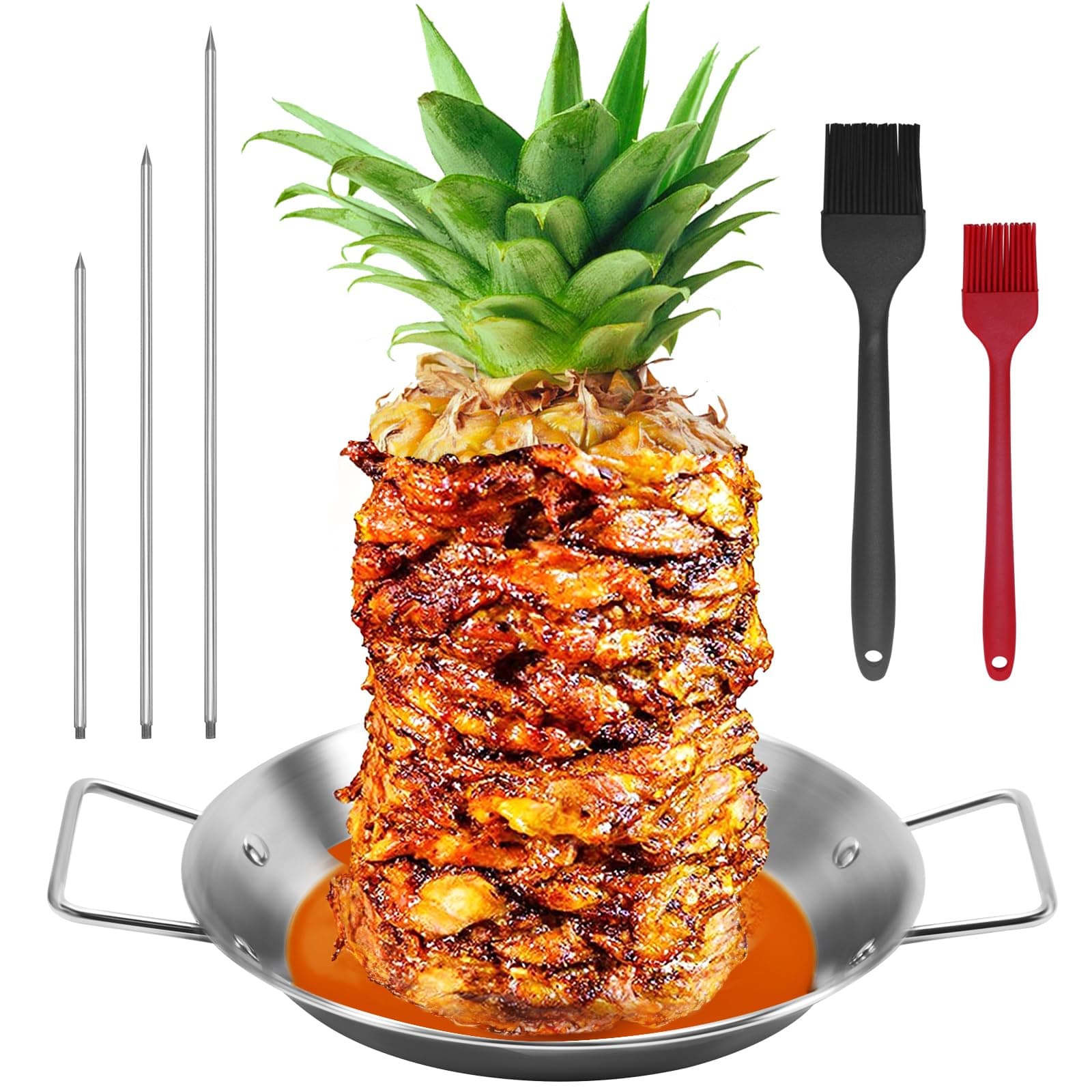 Al Pastor Skewer for Grill, Shawarma Skewer Stand, Stainless Steel Brazilian Vertical Spit with 3 Removable Spikes(8”/10"/12”)& Brushes, for Tacos Al Pastor, Grill Smoker Oven BBQ