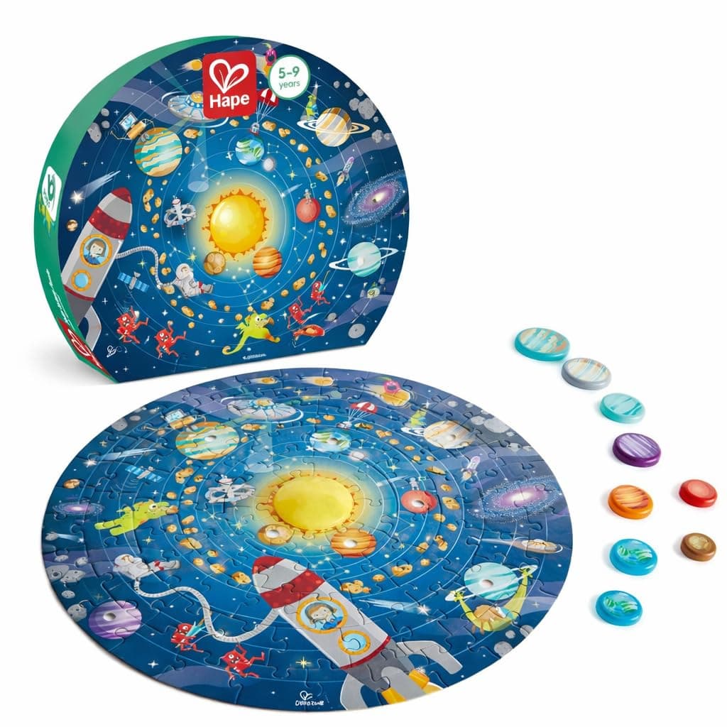 Hape Solar System Puzzle | Round Solar System Puzzle Toy for Kids, Solid Wood Pieces and a Glowing LED Sun
