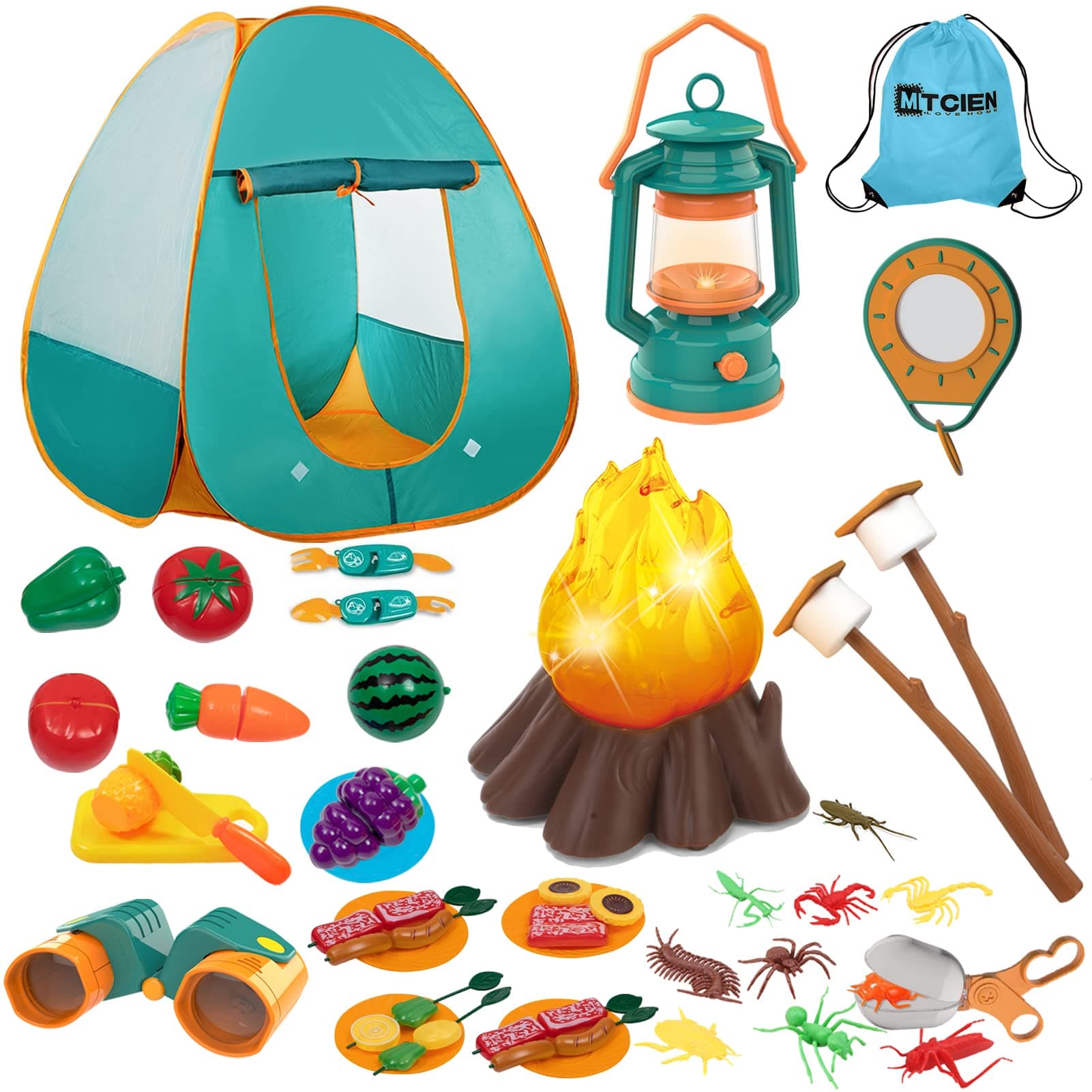 Mitcien Kids Camping Gear Set with Play Tent, Pretend Campfire, Fruits, Marshmallow, Camping Toys for Toddlers, Boys & Girls - Indoor & Outdoor Explore & Adventure