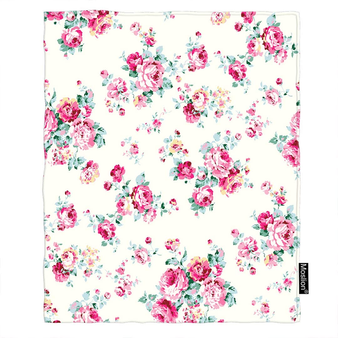 Moslion Floral Blanket Vintage Pink Rose Flower Green Leaves in Spring for Wedding Throw Blanket Flannel Home Decorative Soft Cozy Blankets 60x80 Inch for Adults Kids Sofa