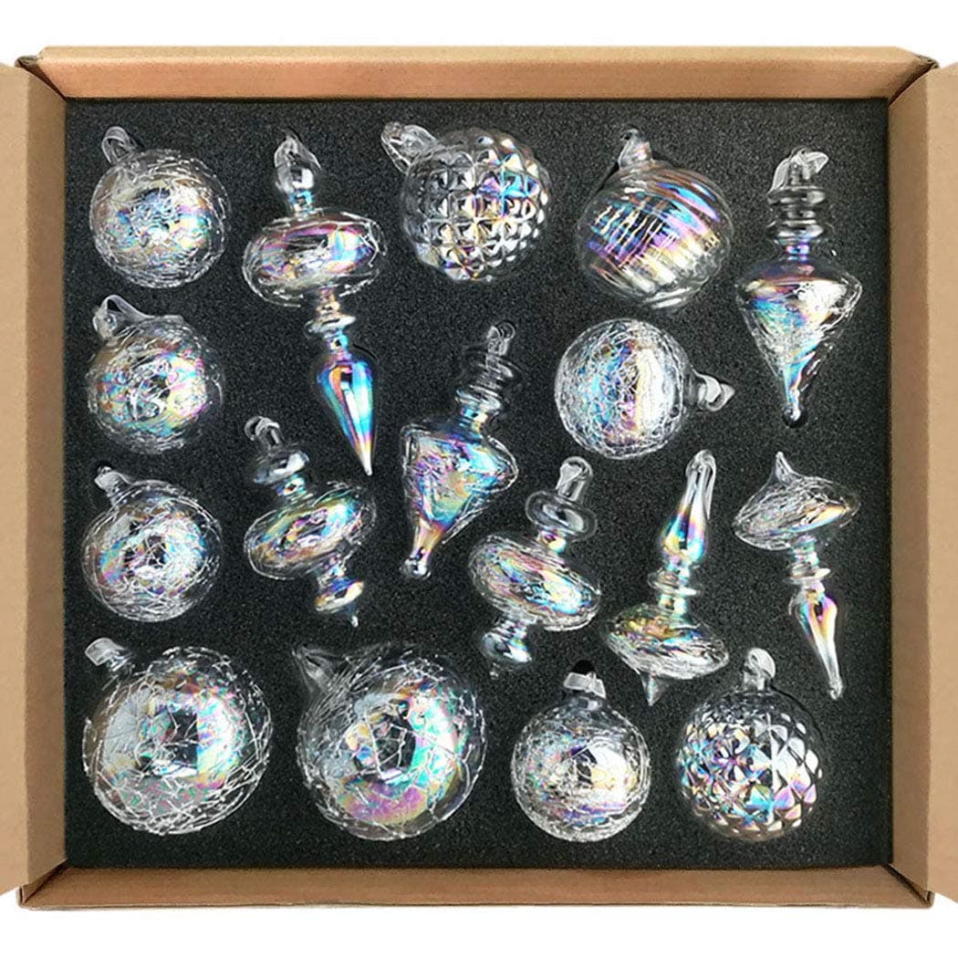 glasburg Glass Christmas Ornaments Iridescent Clear Size Medium(17 Ornaments)