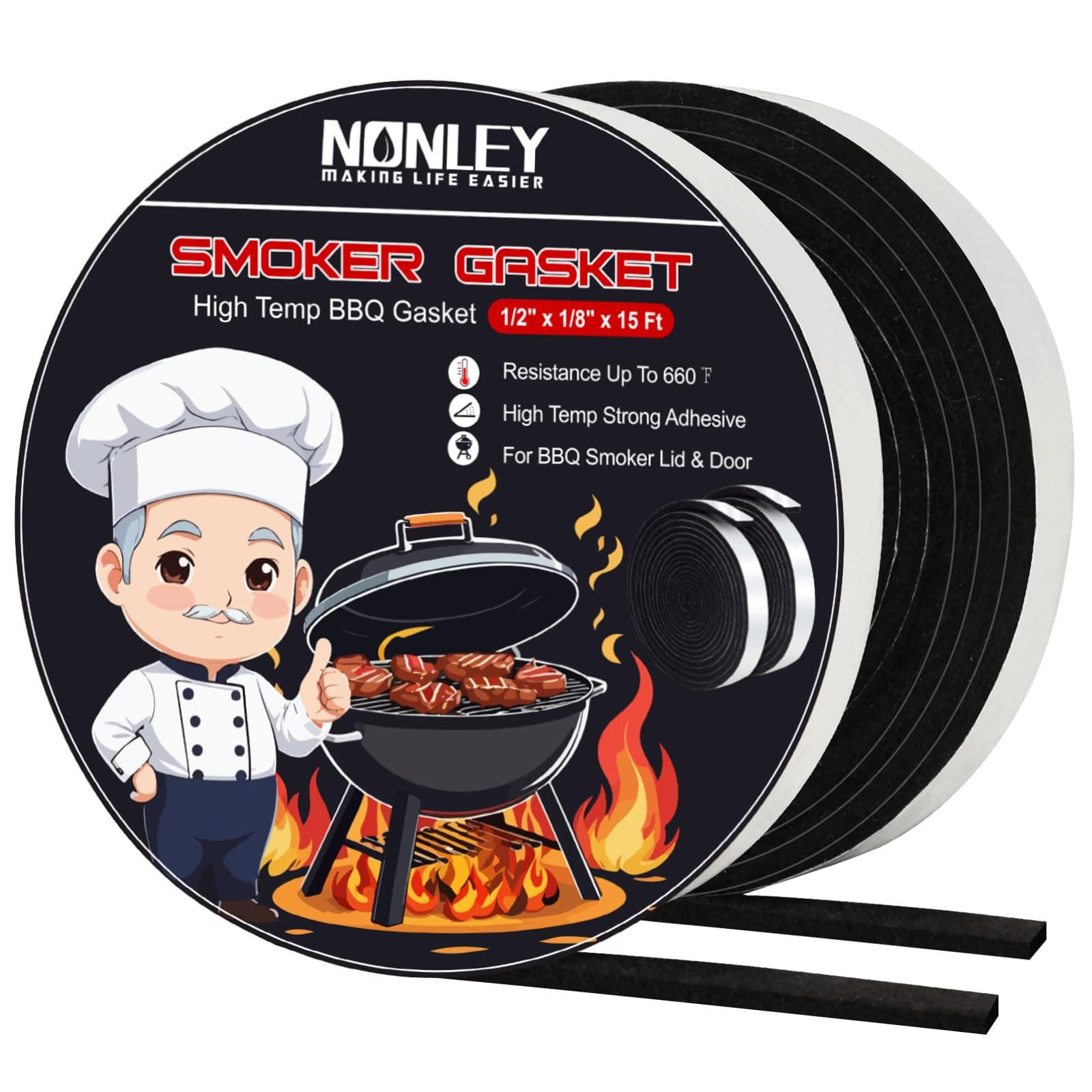 Smoker Gasket Seals, 1/2" x 1/8" 15 ft High Temp Grill Gasket Replacement Self Stick Felt, High Heat BBQ Gaskets Tape for Smokers BBQ Lid Black by Nonley